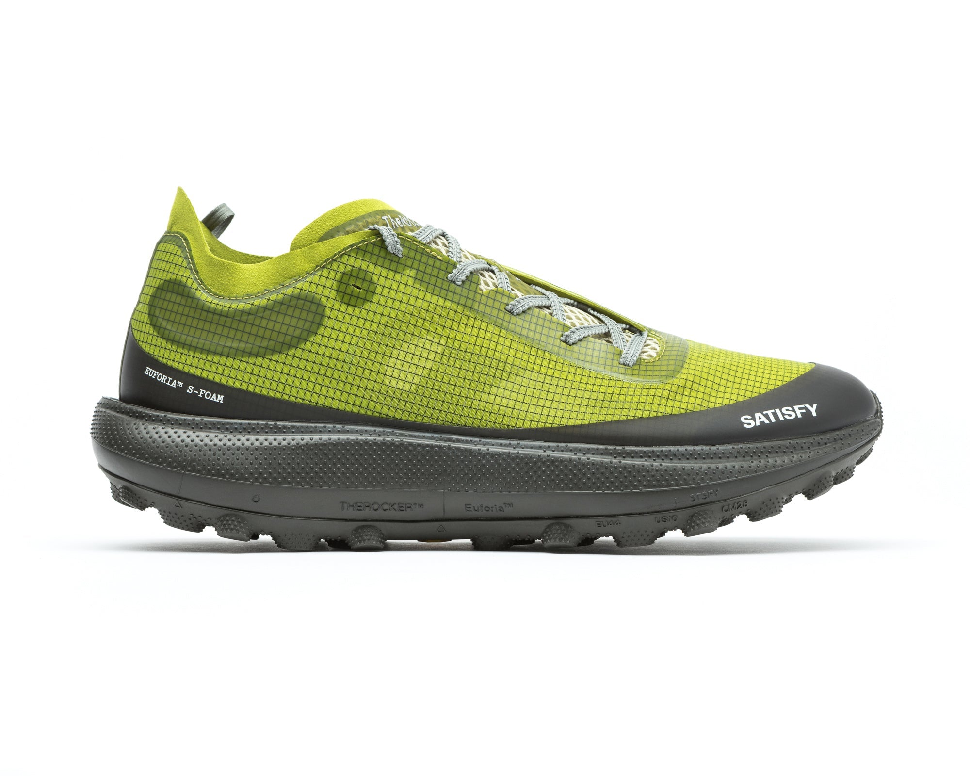 Side view on white background of Mens Satisfy TheRocker running shoe in Grenoble Green, Medium (Regular) width