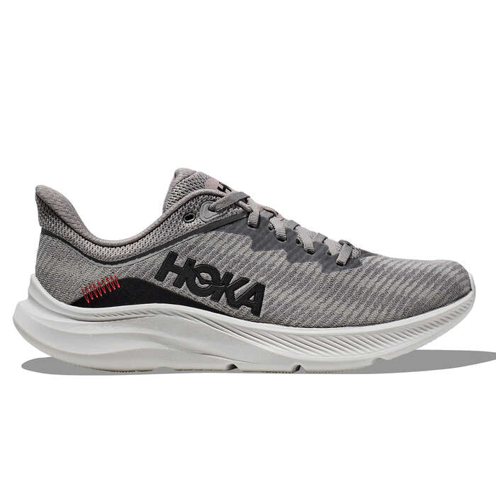 Side view on white background of Mens Hoka Solimar running shoe in Limestone/Black, Medium (Regular) width