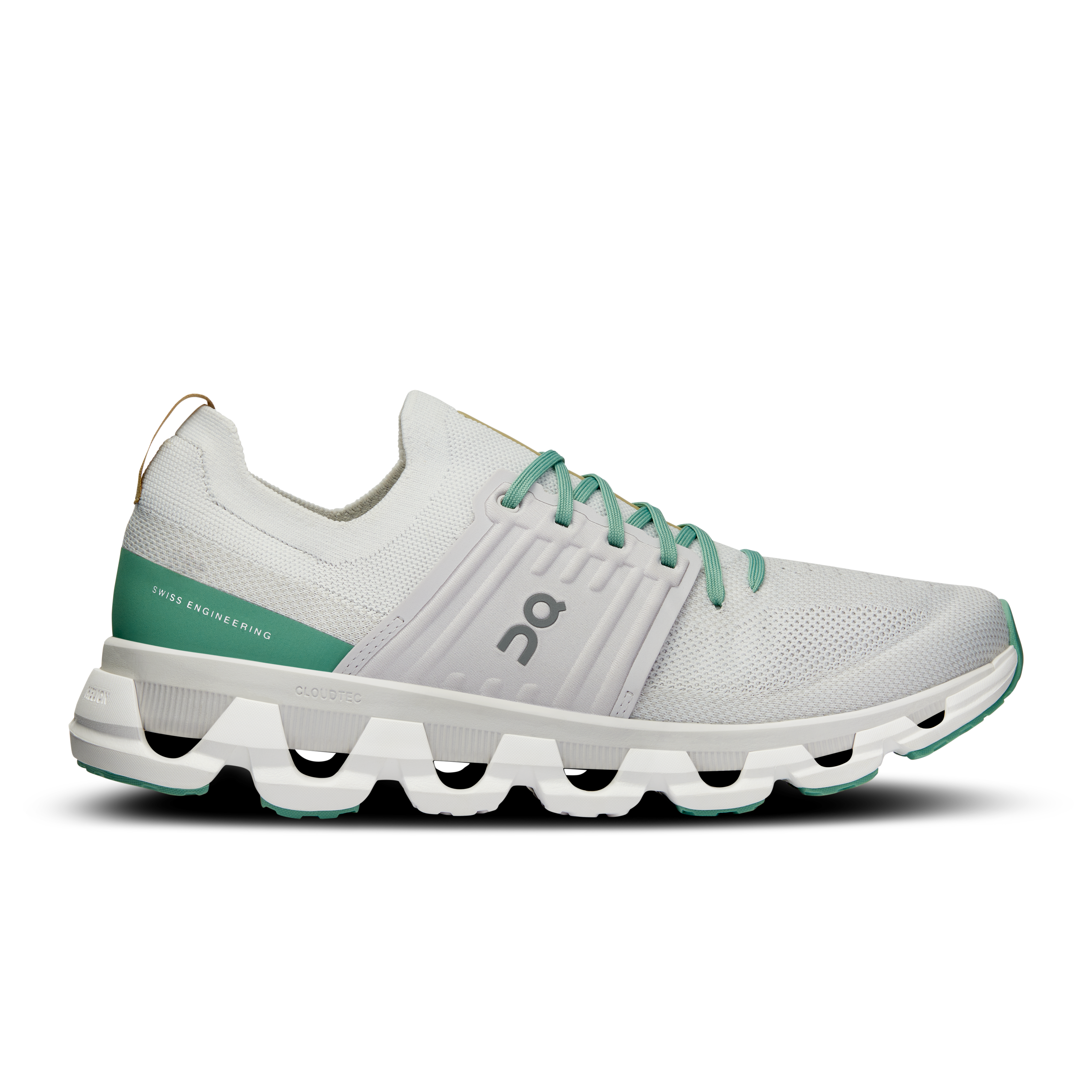 Side view on white background of Mens On Cloudswift 3 running shoe in White/Green, Medium (Regular) width