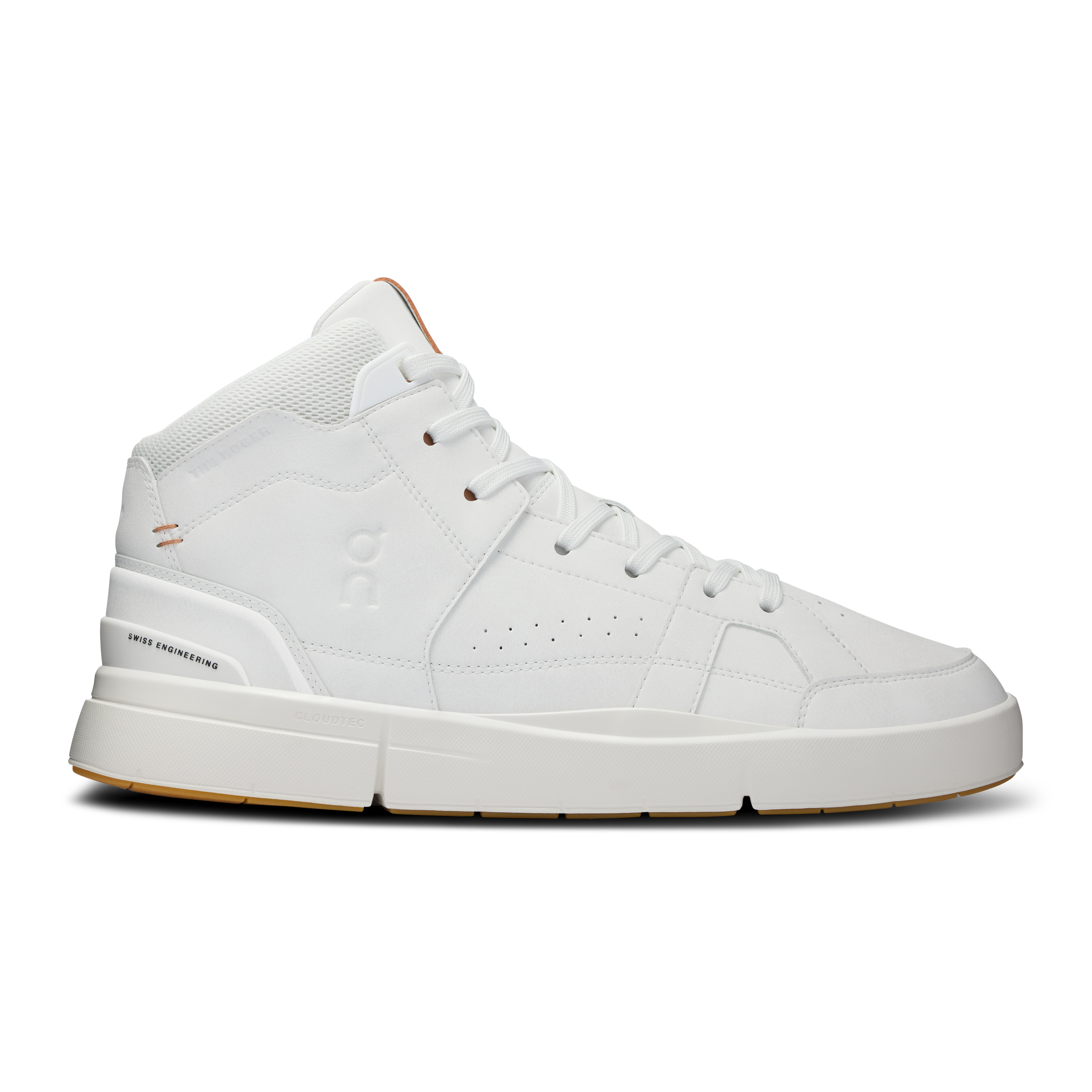 Side view on white background of Mens On The Roger Clubhouse Mid 2 running shoe in White/Sandstone, Medium (Regular) width