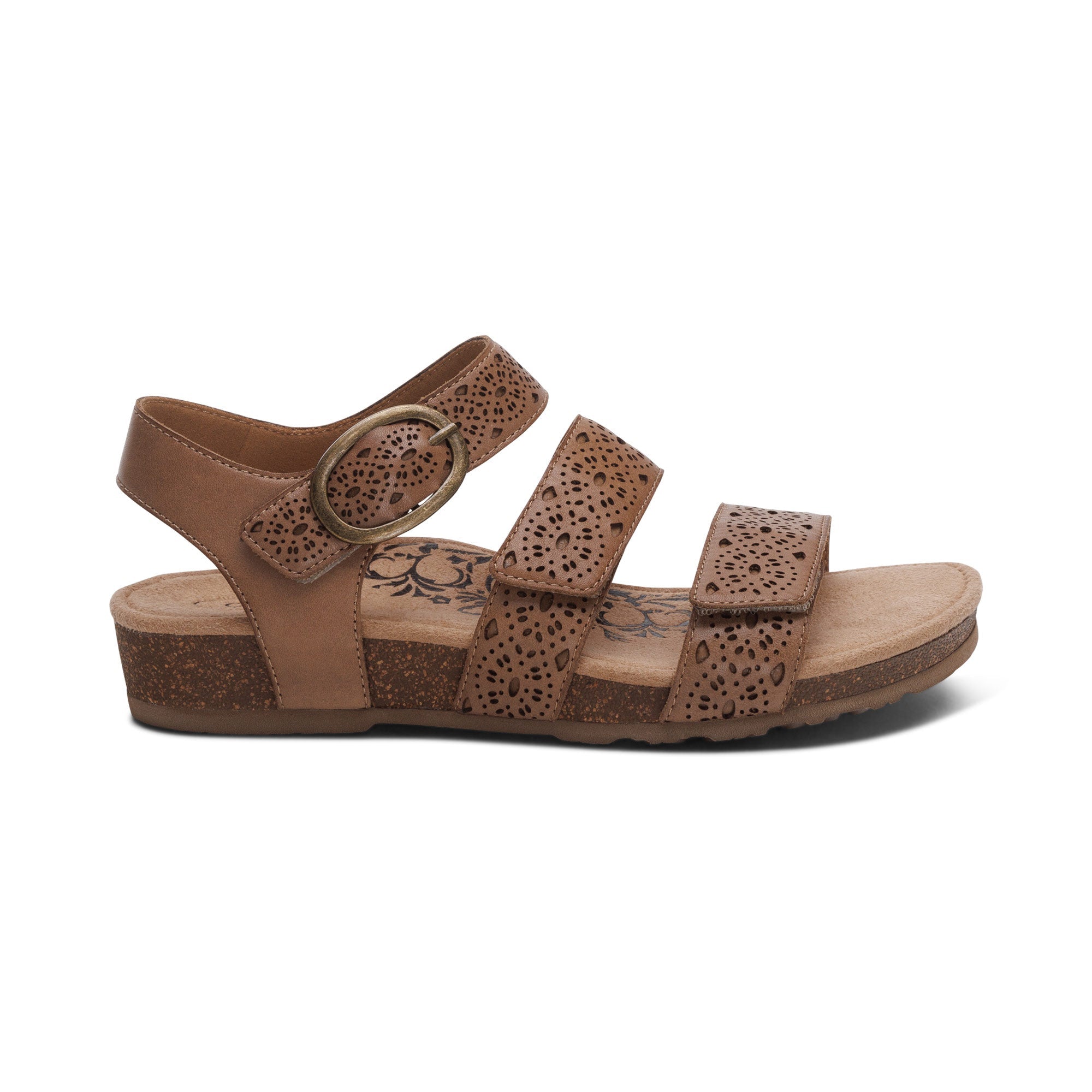 Side view on white background of Womens Aetrex Lilly running shoe in Taupe Cutout, Medium (Regular) width