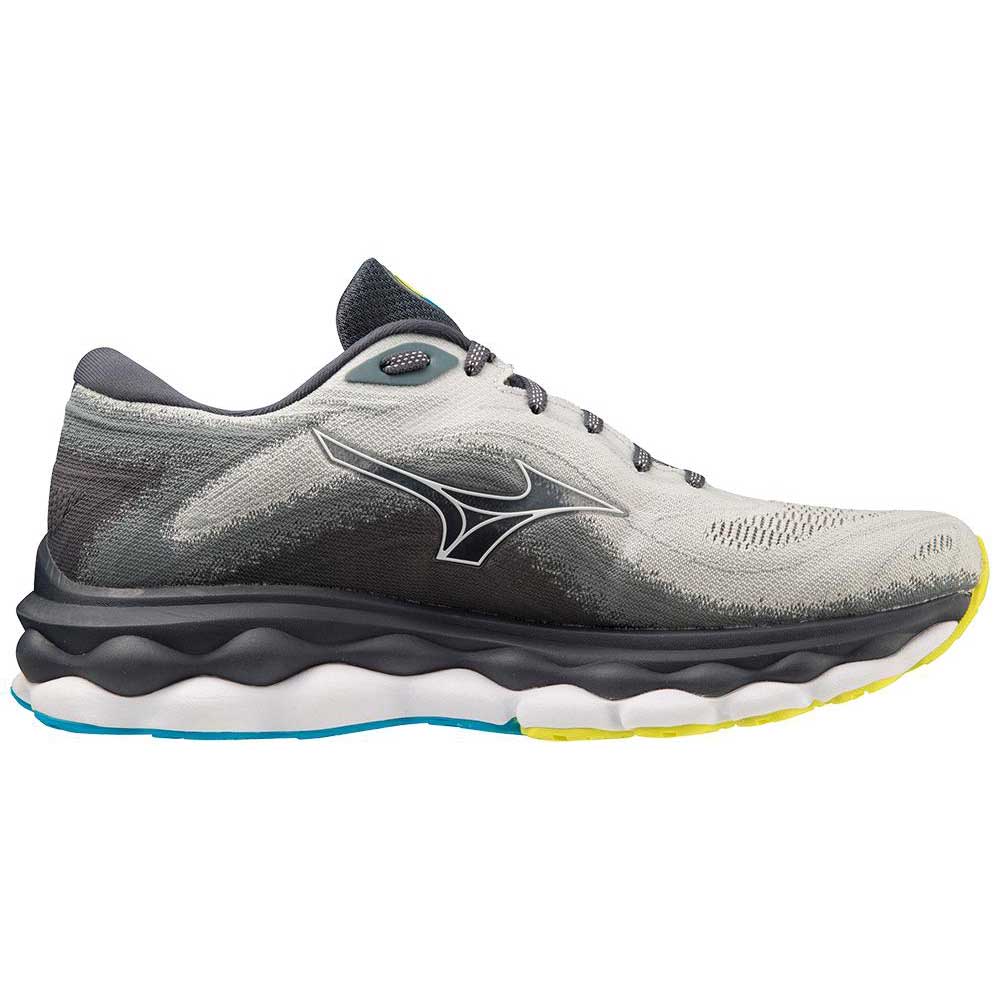 Side view on white background of Mens Mizuno Wave Sky 7 running shoe in Peral Blue/White, Medium (Regular) width