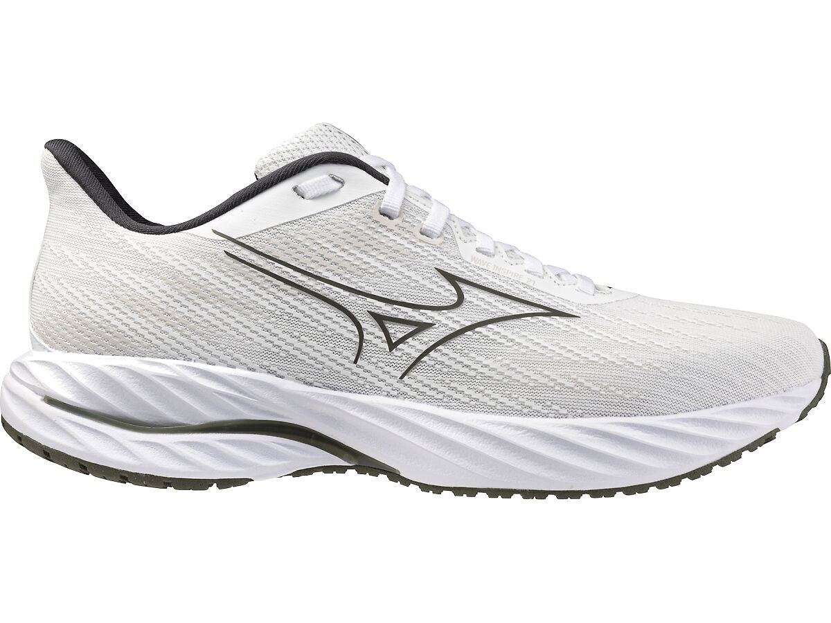 Side view on white background of Mens Mizuno Wave Inspire 21 running shoe in White/Grape Leaf, Medium (Regular) width