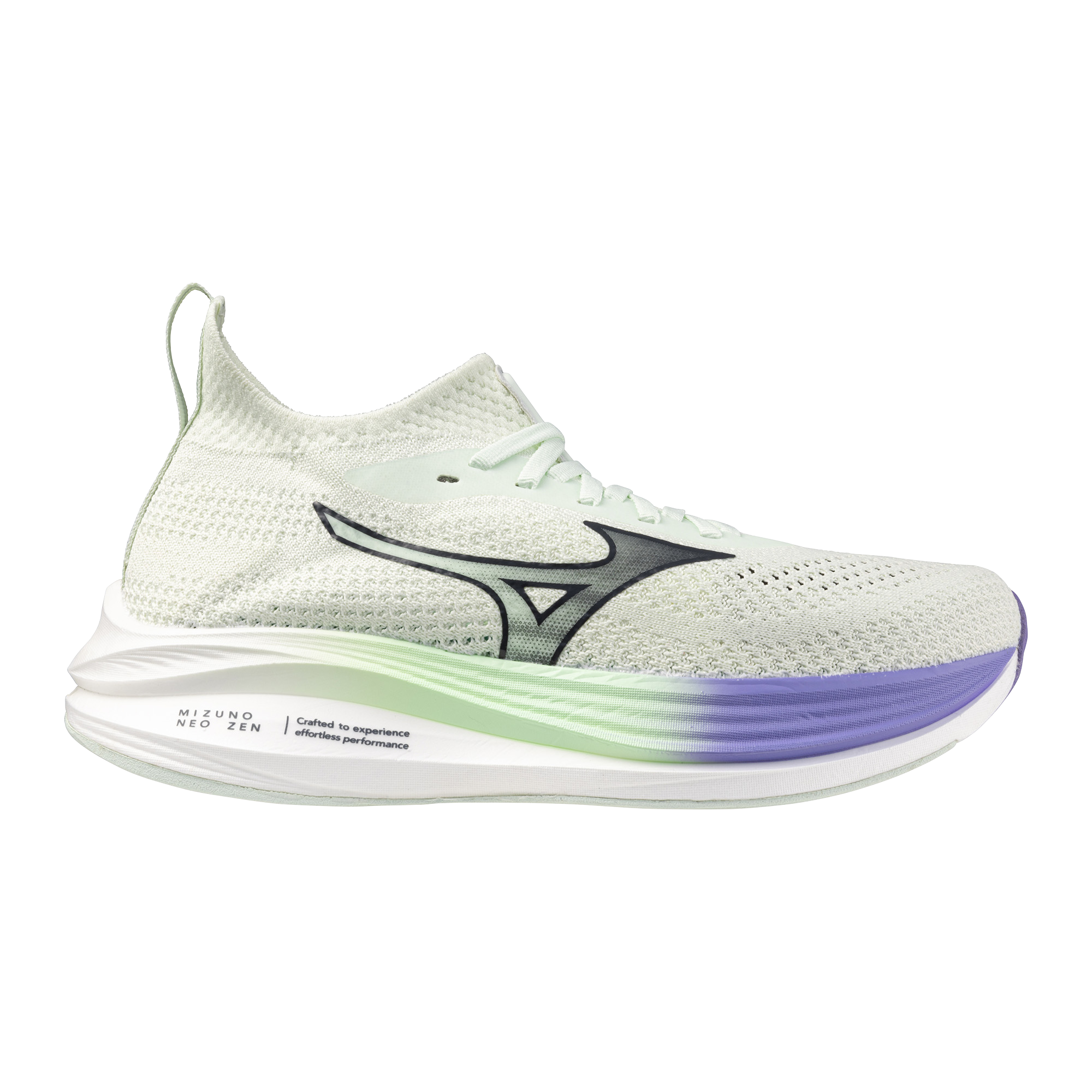 Side view on white background of Womens Mizuno Neo Zen running shoe in Hint of Mint/India Ink, Medium (Regular) width