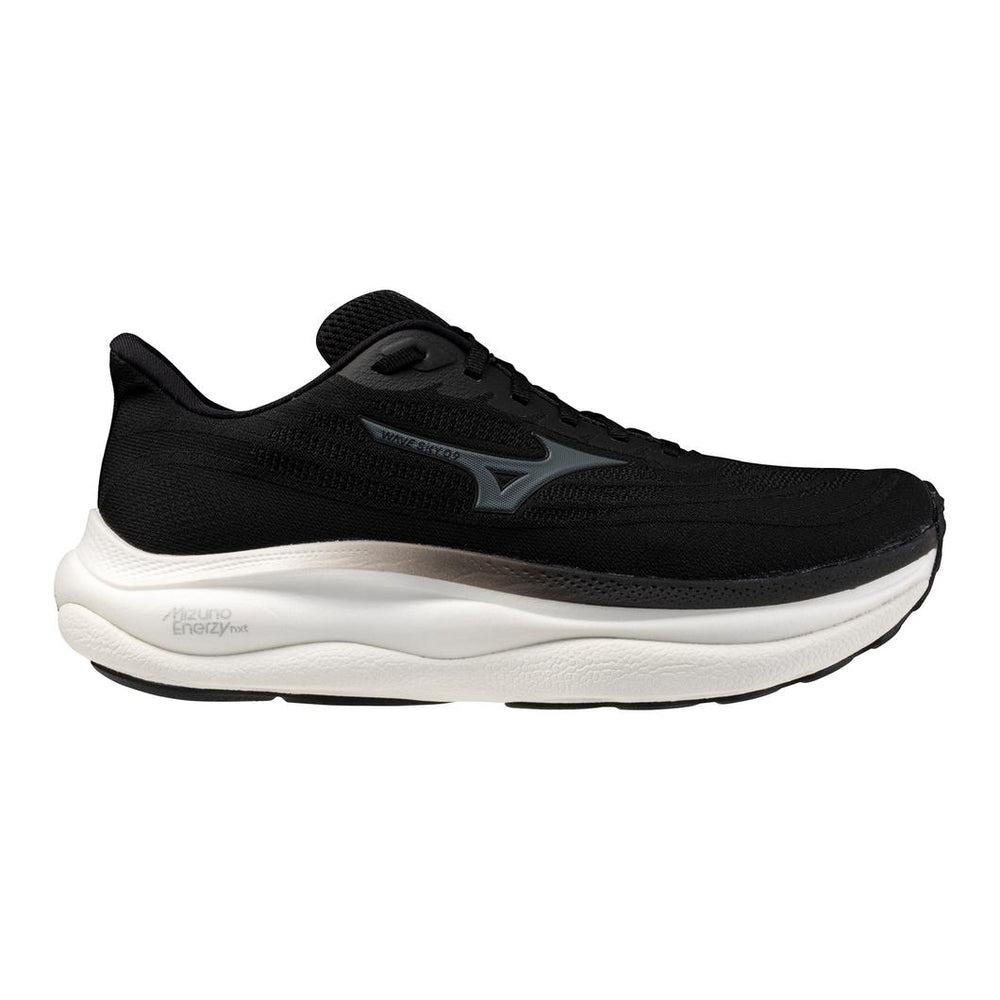 Side view on white background of Womens Mizuno Wave Sky 9 running shoe in Black/Metallic Grey, Medium (Regular) width
