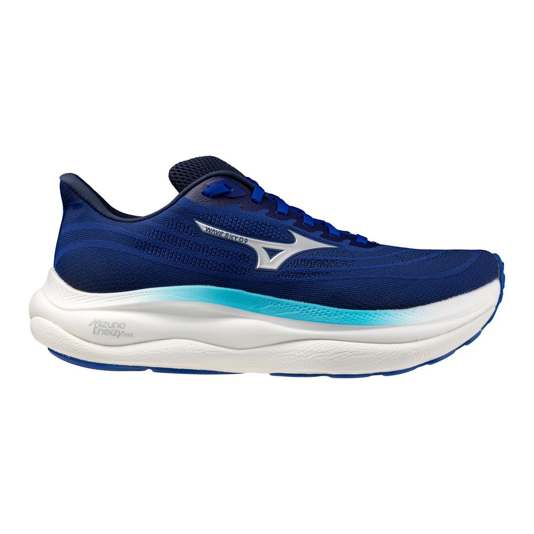 Side view on white background of Mens Mizuno Wave Sky 9 running shoe in Deep Abyss/Silver, Medium (Regular) width