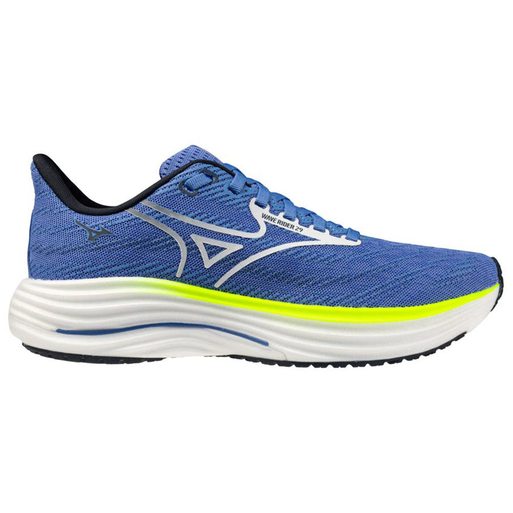 Side view on white background of Womens Mizuno Wave Rider running shoe in Ultramarine/White, Medium (Regular) width