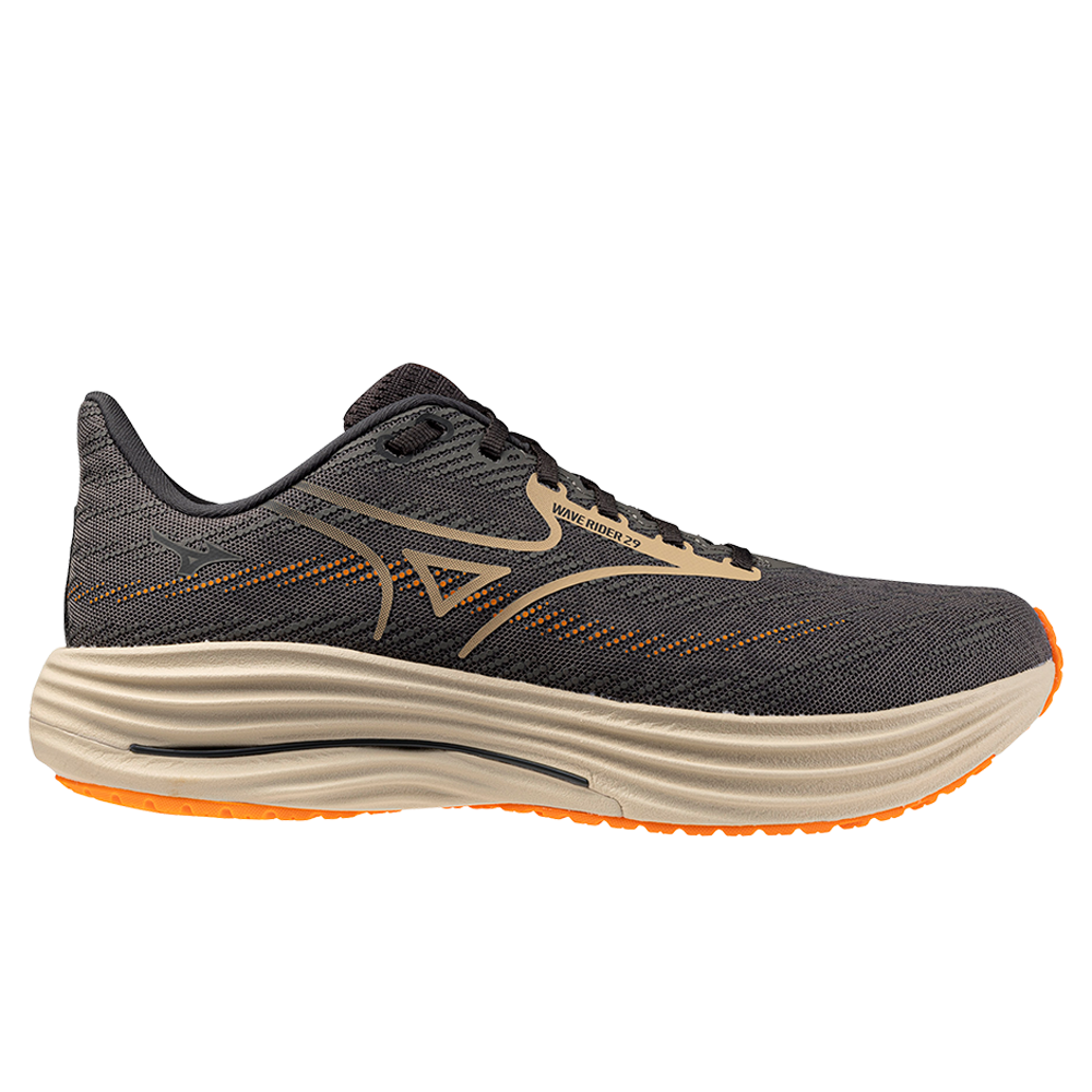 Side view on white background of Mens Mizuno Wave Rider running shoe in Quiet Shade/Summer Sand, Medium (Regular) width