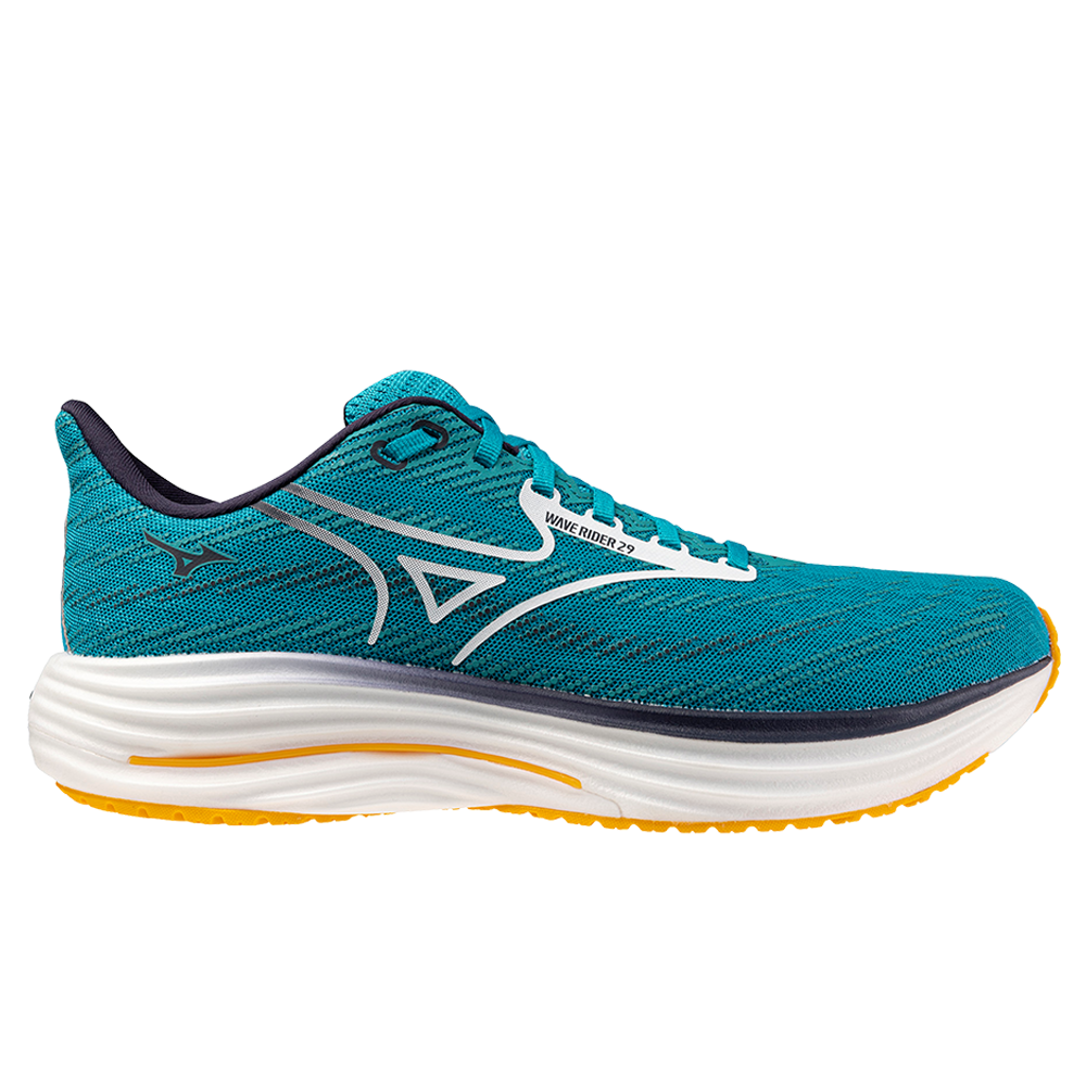 Side view on white background of Mens Mizuno Wave Rider running shoe in Capri Breeze/White, Medium (Regular) width