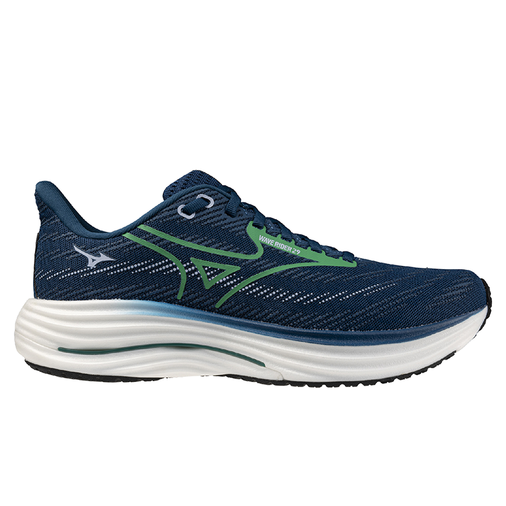 Side view on white background of Mens Mizuno Wave Rider running shoe in Sailor Blue/Goblin Green, Medium (Regular) width
