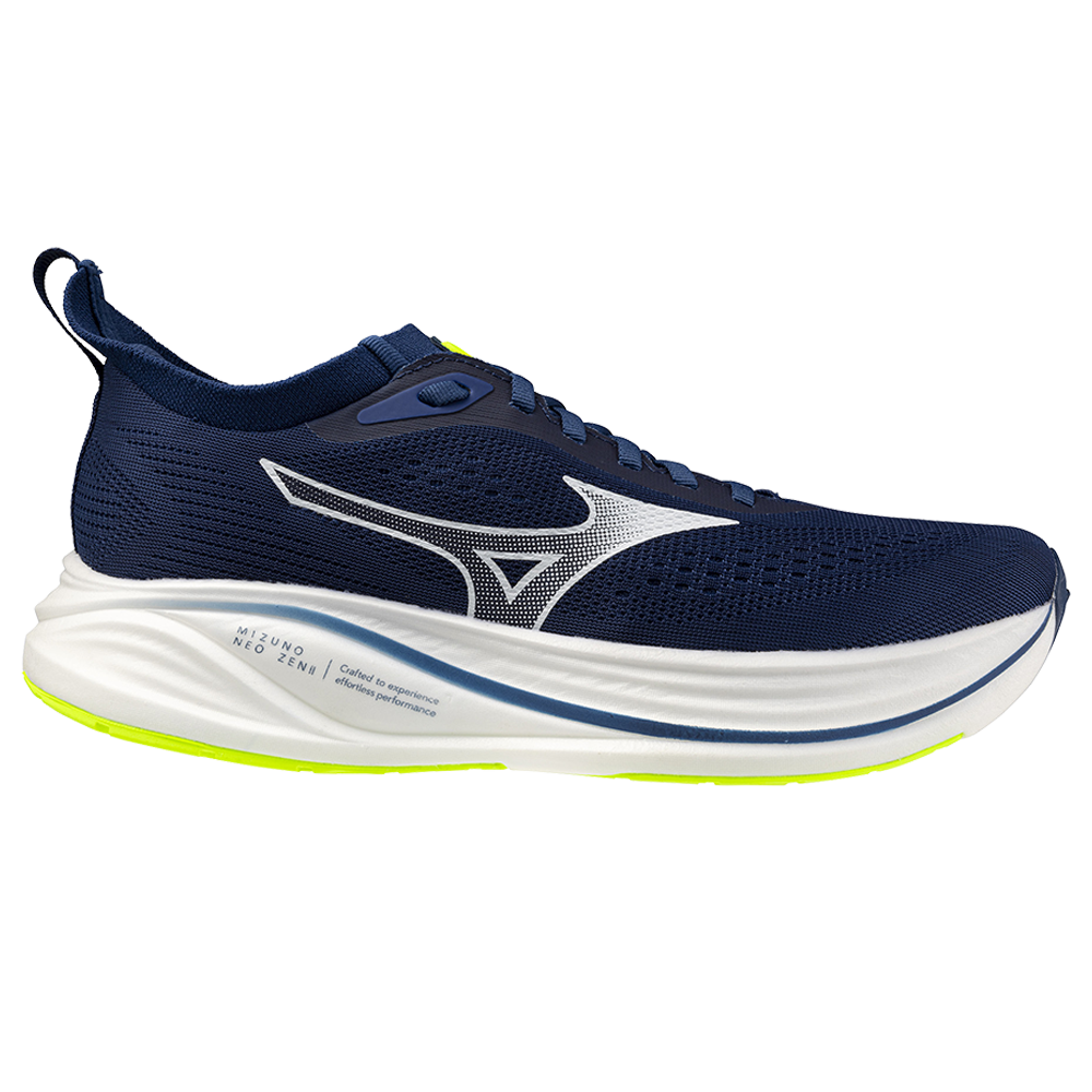 Side view on white background of Mens Mizuno Neo Zen running shoe in Estate Blue/White, Medium (Regular) width