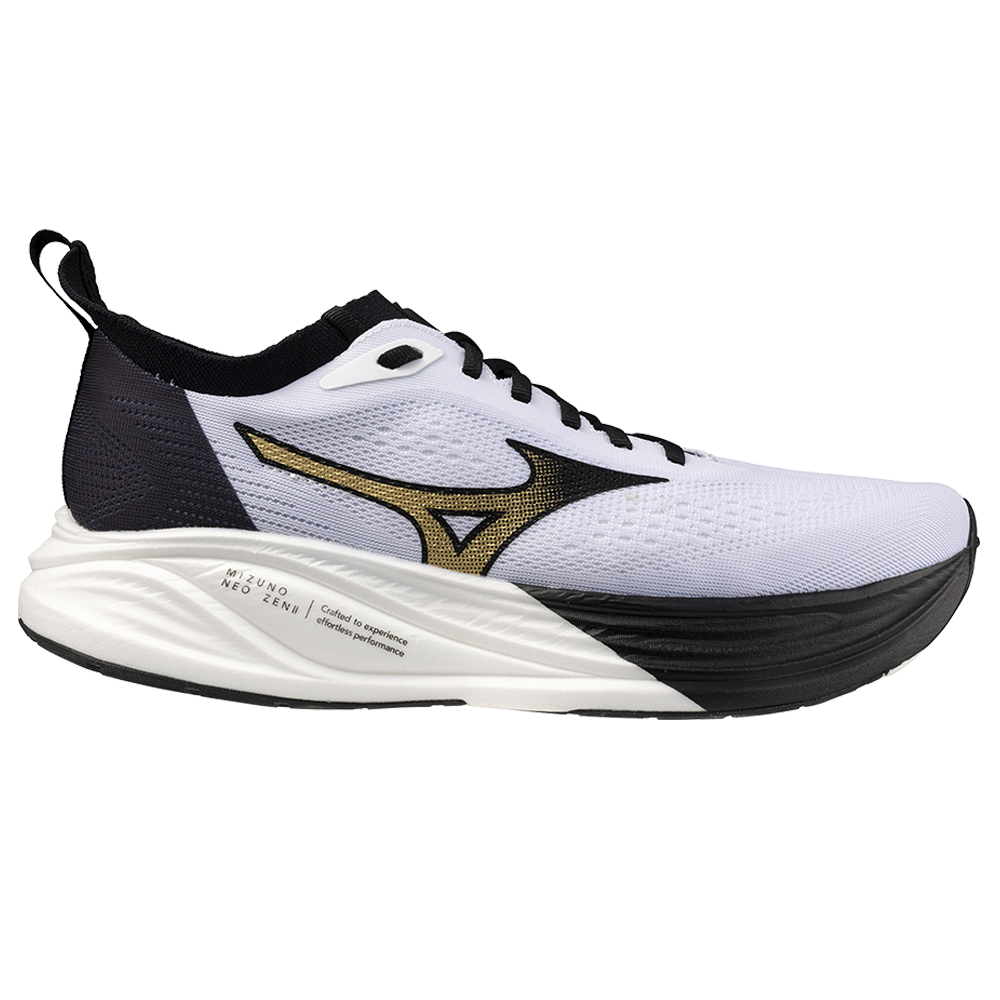 Side view on white background of Mens Mizuno Neo Zen running shoe in Black/Gold, Medium (Regular) width