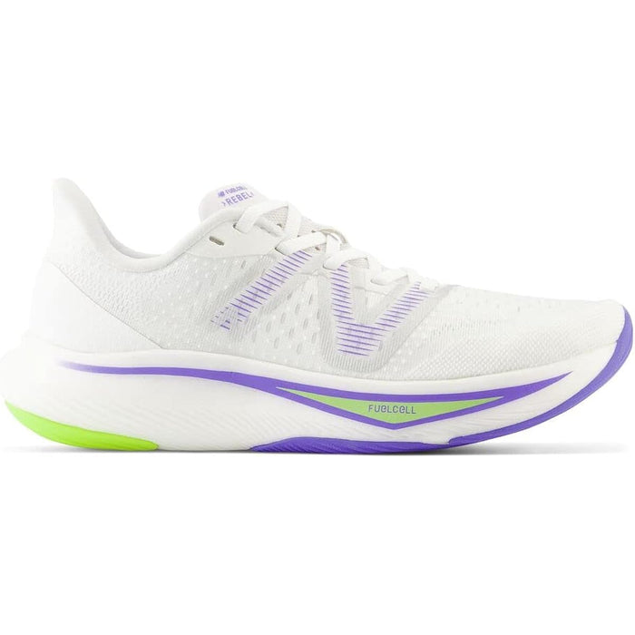 Women's New Balance FuelCell Rebel v3, White/Thirty Watt/Electric Indigo, 6.5 B Medium