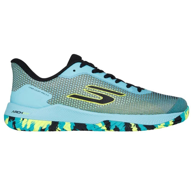 Side view on white background of Mens Skechers Viper Court Pro 2.0 running shoe in Aqua/Multi, Medium (Regular) width