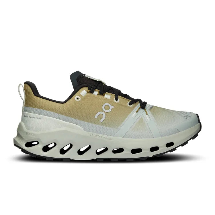 Side view on white background of Womens On Cloudsurfer Trail WP running shoe in Safari/Mineral, Medium (Regular) width