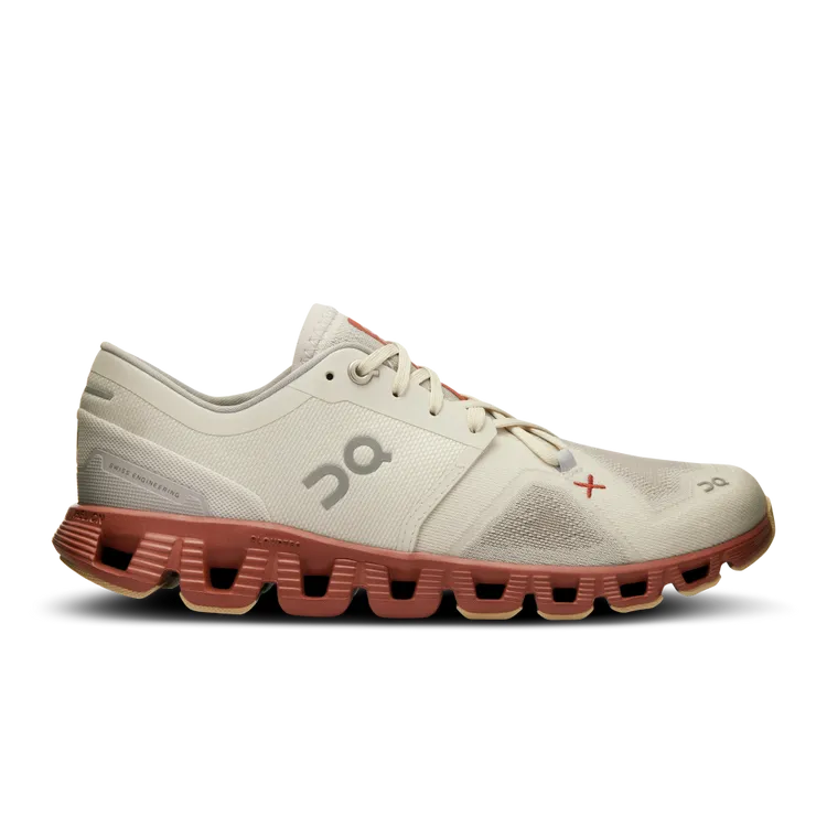 Side view on white background of Mens On Cloud X 3 running shoe in Ice/Auburn, Medium (Regular) width