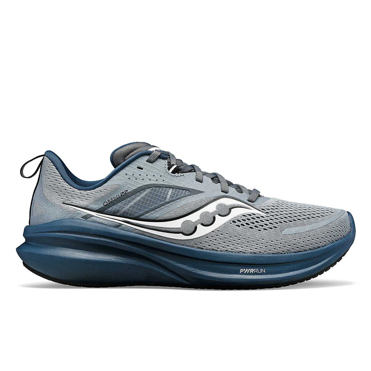Side view on white background of Mens Saucony Omni 22 running shoe in Flint/Navy, Medium (Regular) width