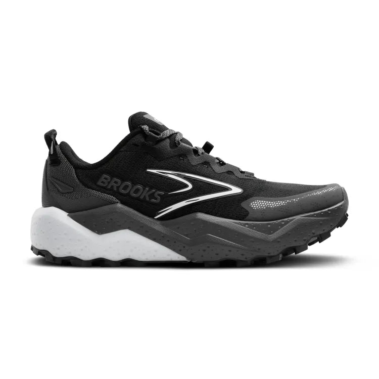 Side view on white background of Womens Brooks Caldera 8 running shoe in Black/Blackened Pearl/White, Medium (Regular) width