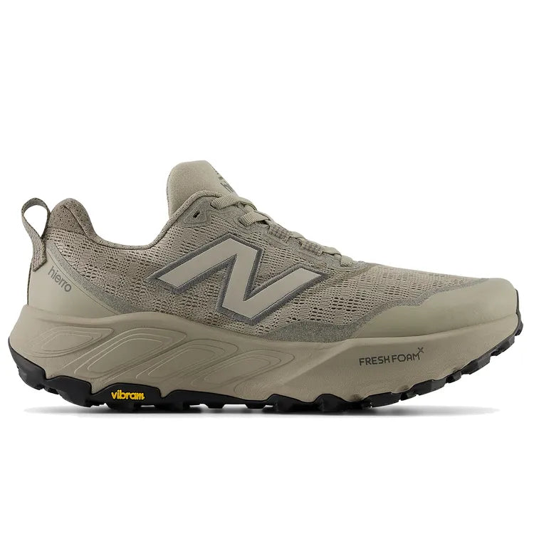 Side view on white background of Mens New Balance Fresh Foam X Hierro V9 running shoe in Arid Stone/Castlerock, Medium (Regular) width