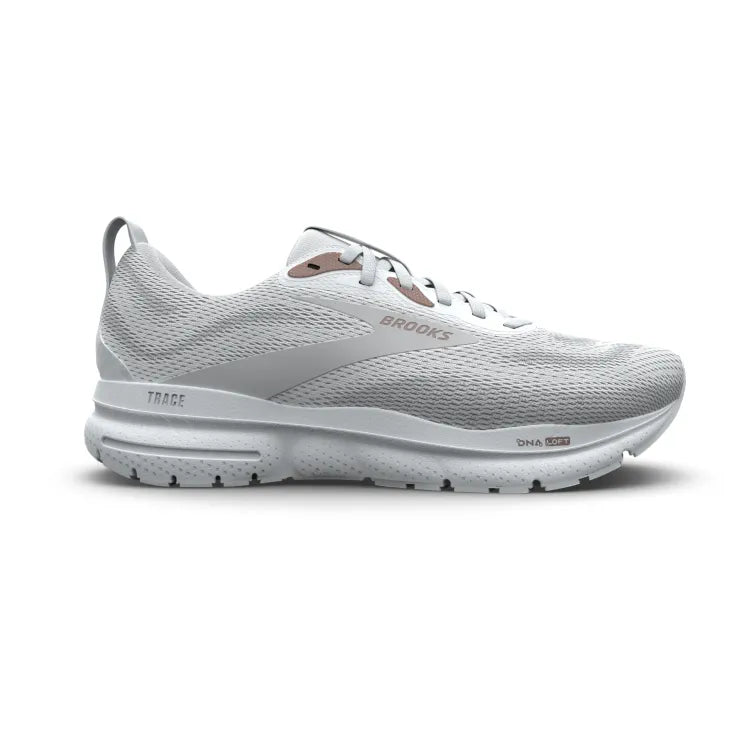 Side view on white background of Womens Brooks Trace 4 running shoe in White/Oyster/Rose, Medium (Regular) width