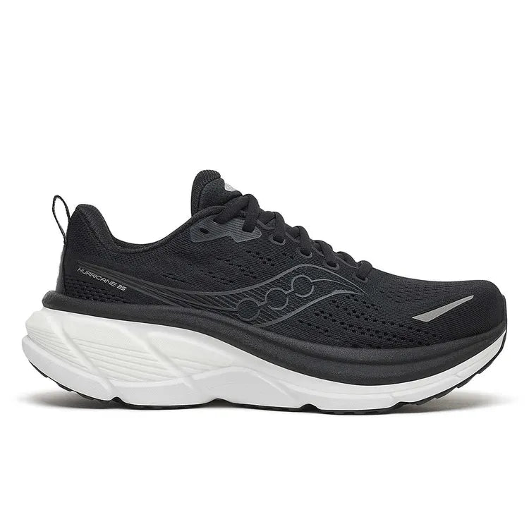 Side view on white background of Womens Saucony Hurricane 25 running shoe in Black/White