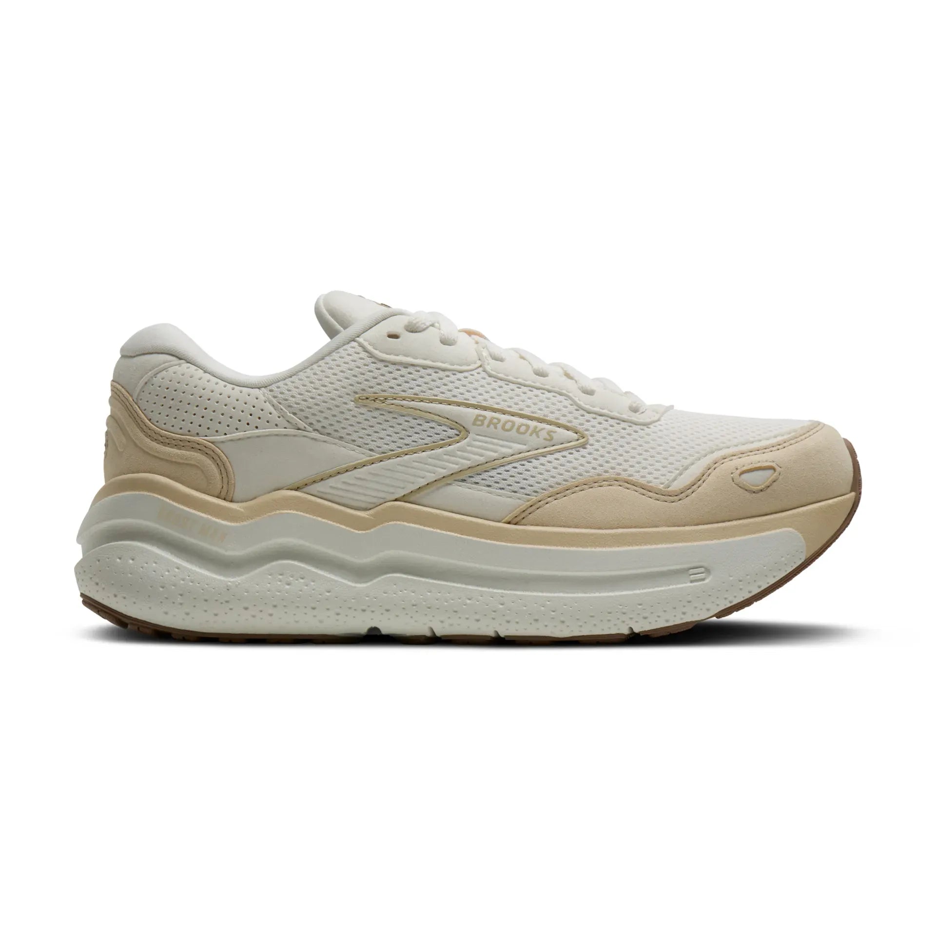 Side view on white background of Womens Brooks Ghost Max SE running shoe in Star/Sand/Portabella, Medium (Regular) width