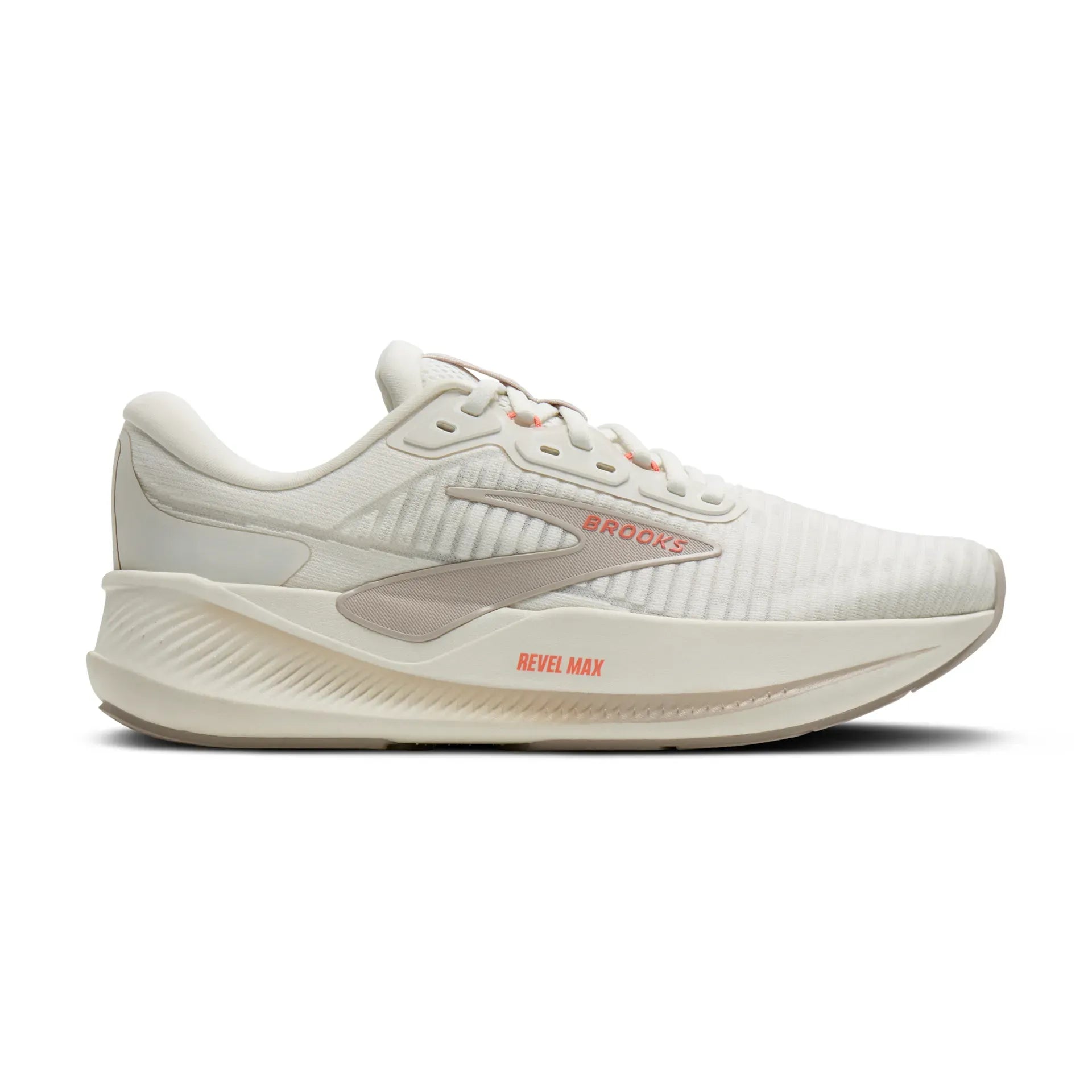 Side view on white background of Womens Brooks Revel Max running shoe in Coconut/Chateau/Peach, Medium (Regular) width