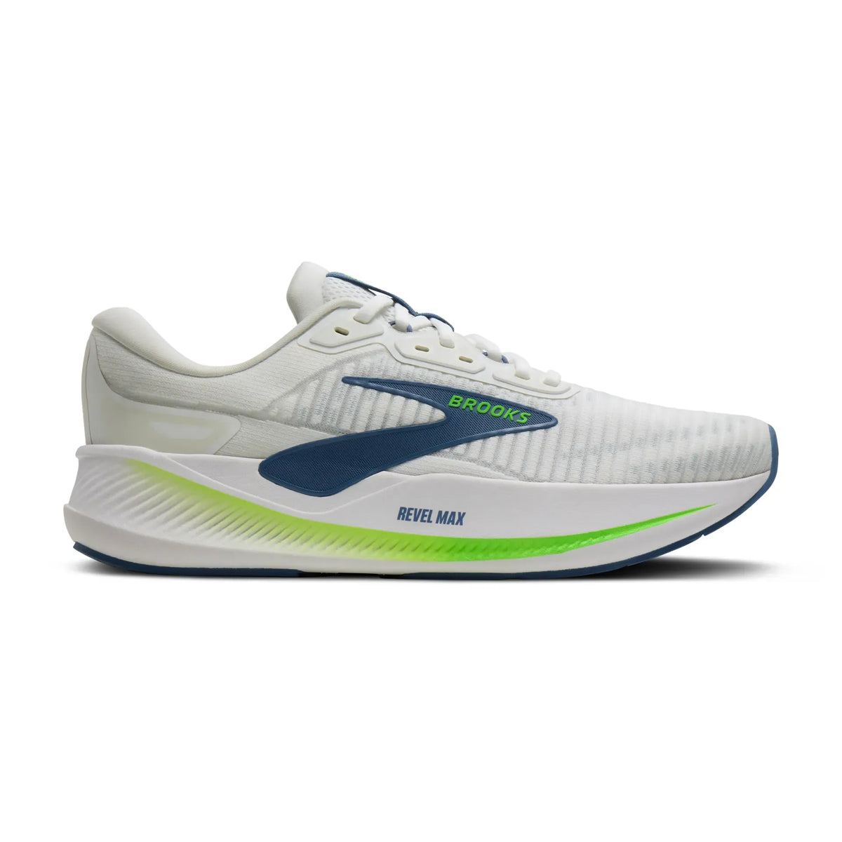 Side view on white background of Mens Brooks Revel Max running shoe in White/Moonlight/Green Gecko, Medium (Regular) width