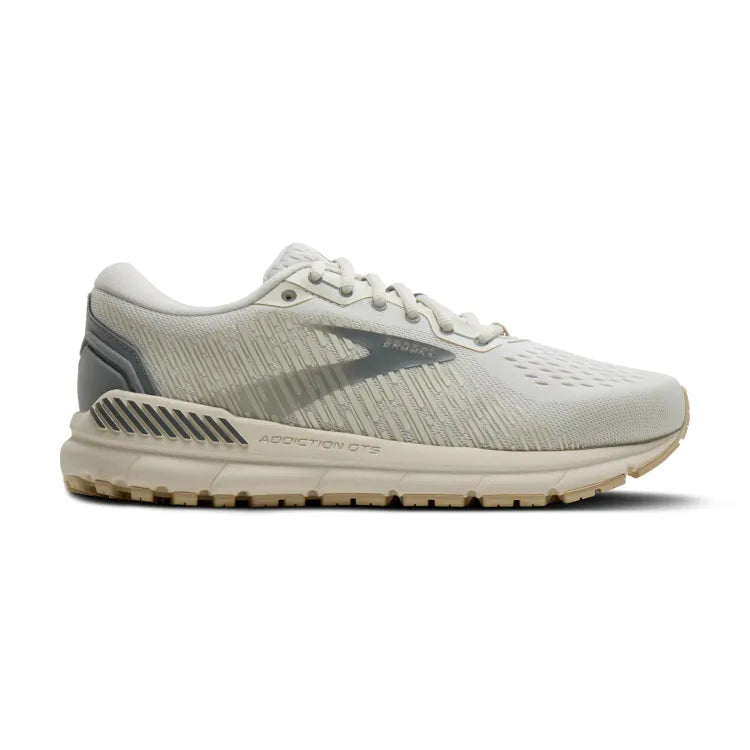 Side view on white background of Womens Brooks Addiction GTS 15 running shoe in Vaporous Gray/Primer Gray/Sand, Narrow width