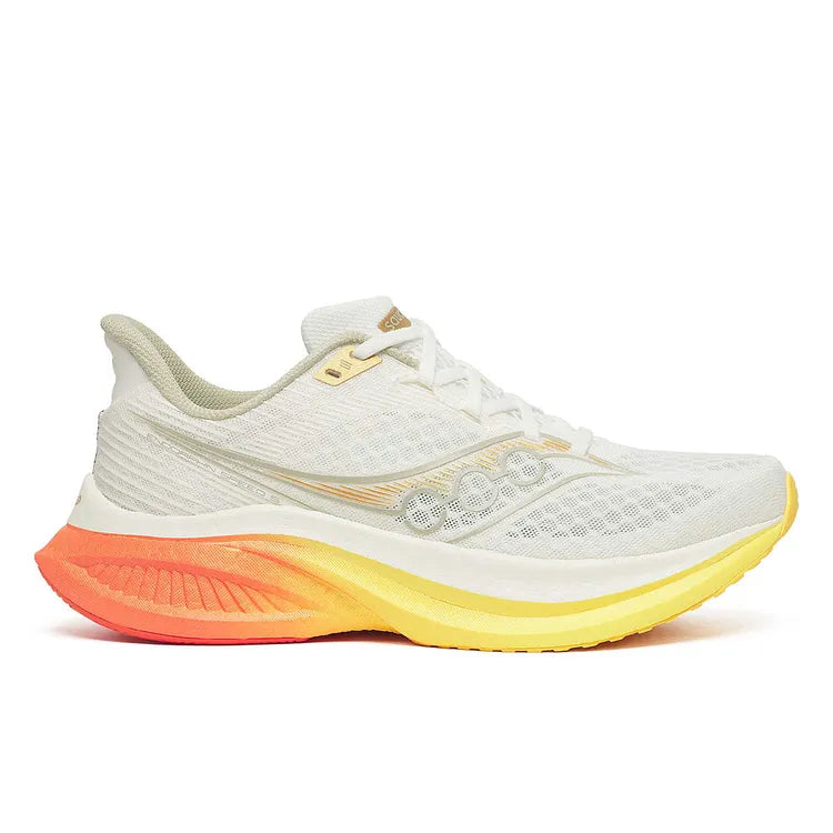 Side view on white background of Womens Saucony Endorphin Speed 5 running shoe in Ivory/Fire, Extra Wide width