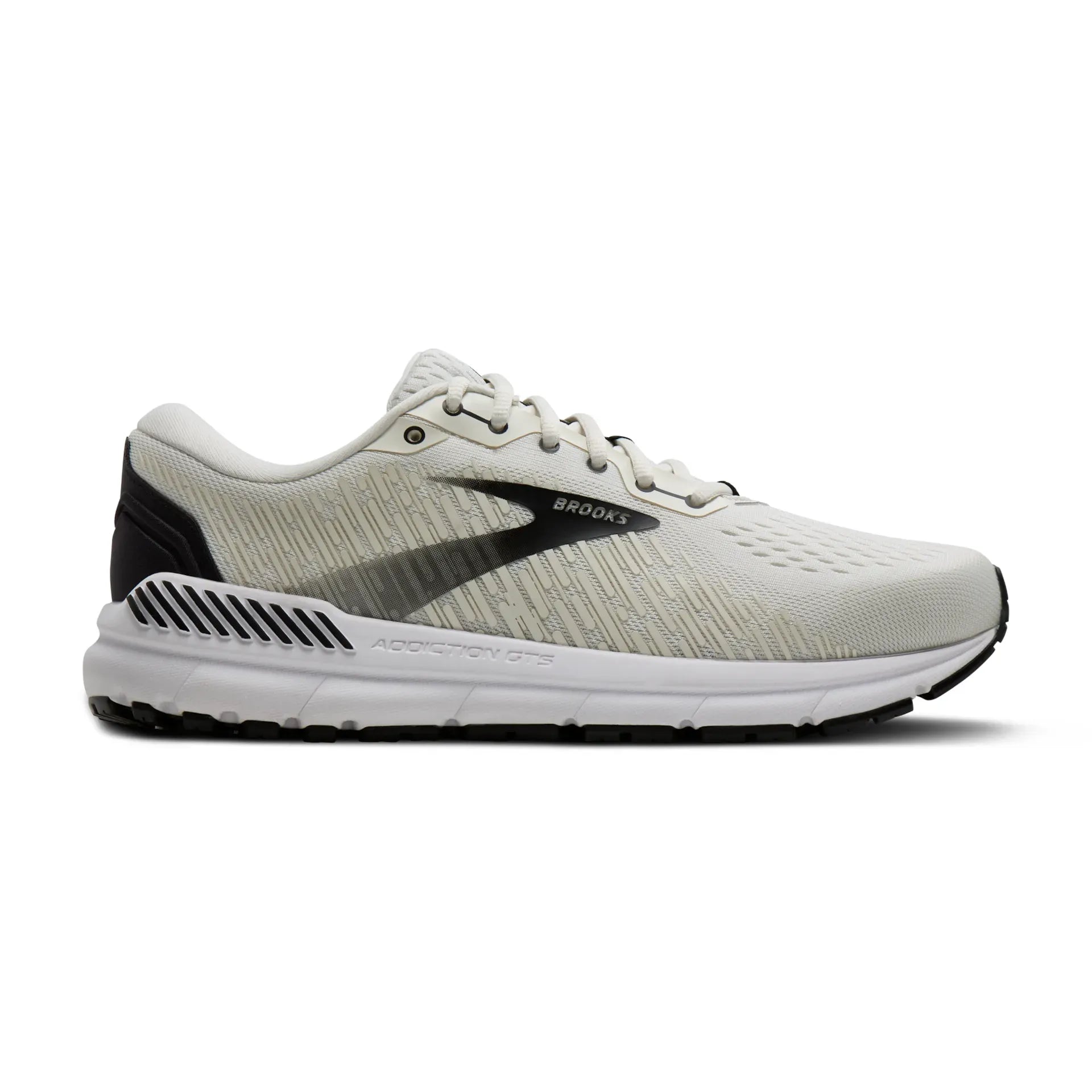Side view on white background of Mens Brooks Addiction GTS 15 running shoe in Vaporous Grey/Black/White, Extra Wide width