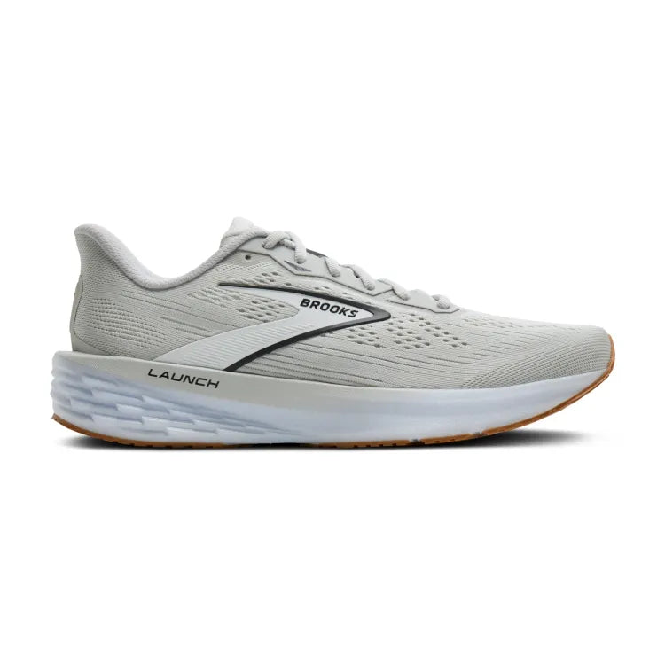 Side view on white background of Mens Brooks Launch 12 running shoe in Oyster/White/Phantom, Medium (Regular) width