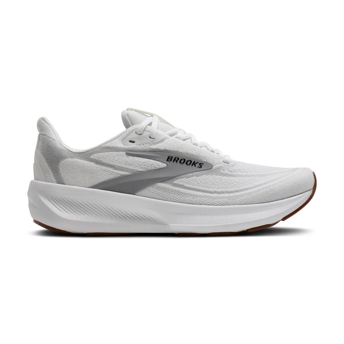 Side view on white background of Womens Brooks Revel 9 running shoe in White/Grey/Black, Medium (Regular) width
