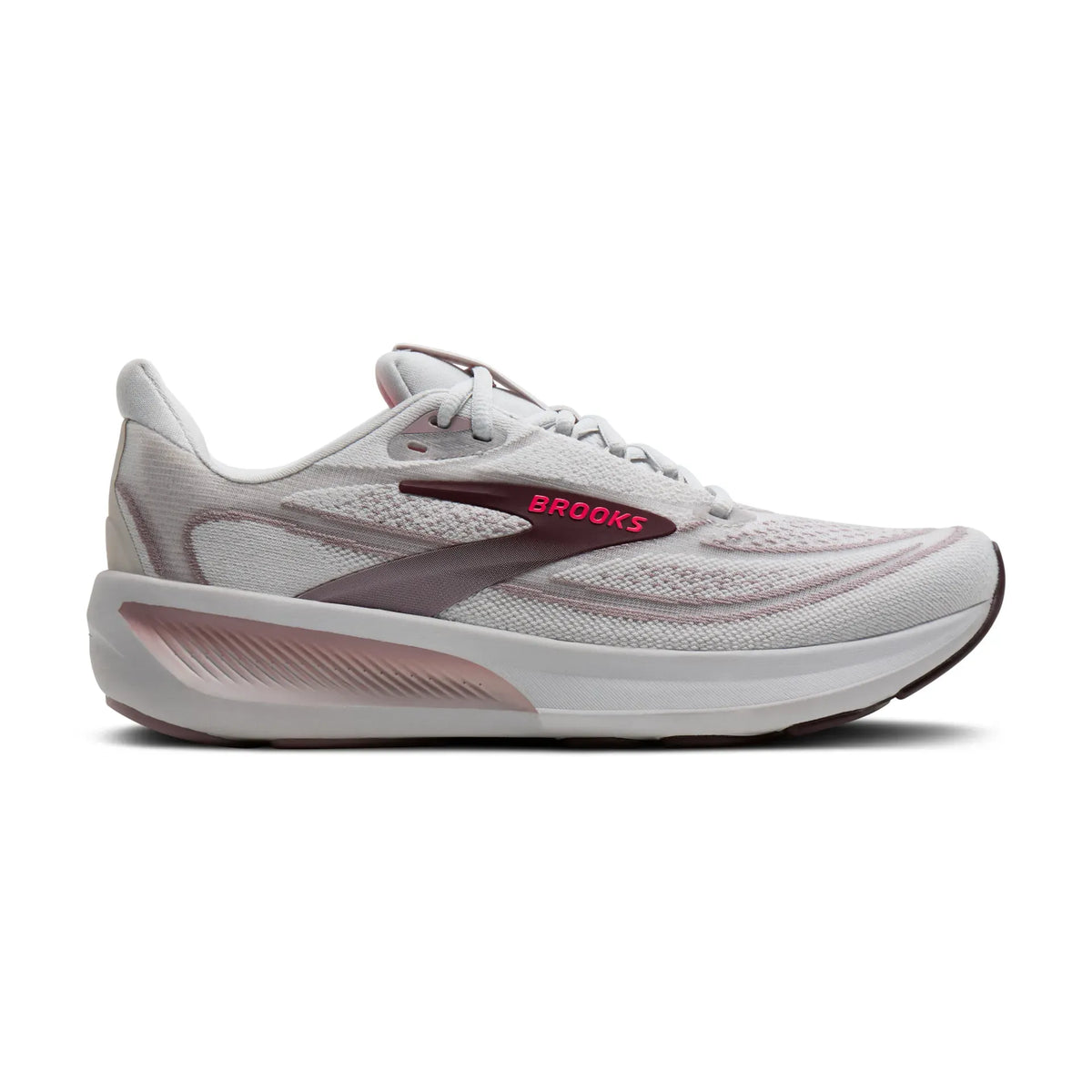 Side view on white background of Womens Brooks Revel 9 running shoe in Grey/Rose/Raisin, Wide width