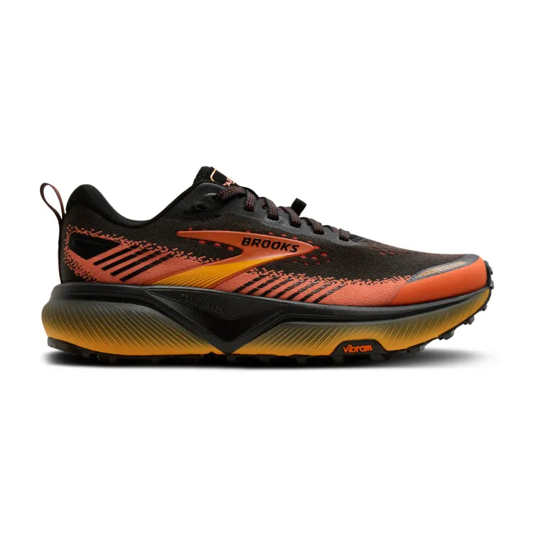 Side view on white background of Mens Brooks Cascadia 20 running shoe in Black/Tigerlily/Orange, Medium (Regular) width