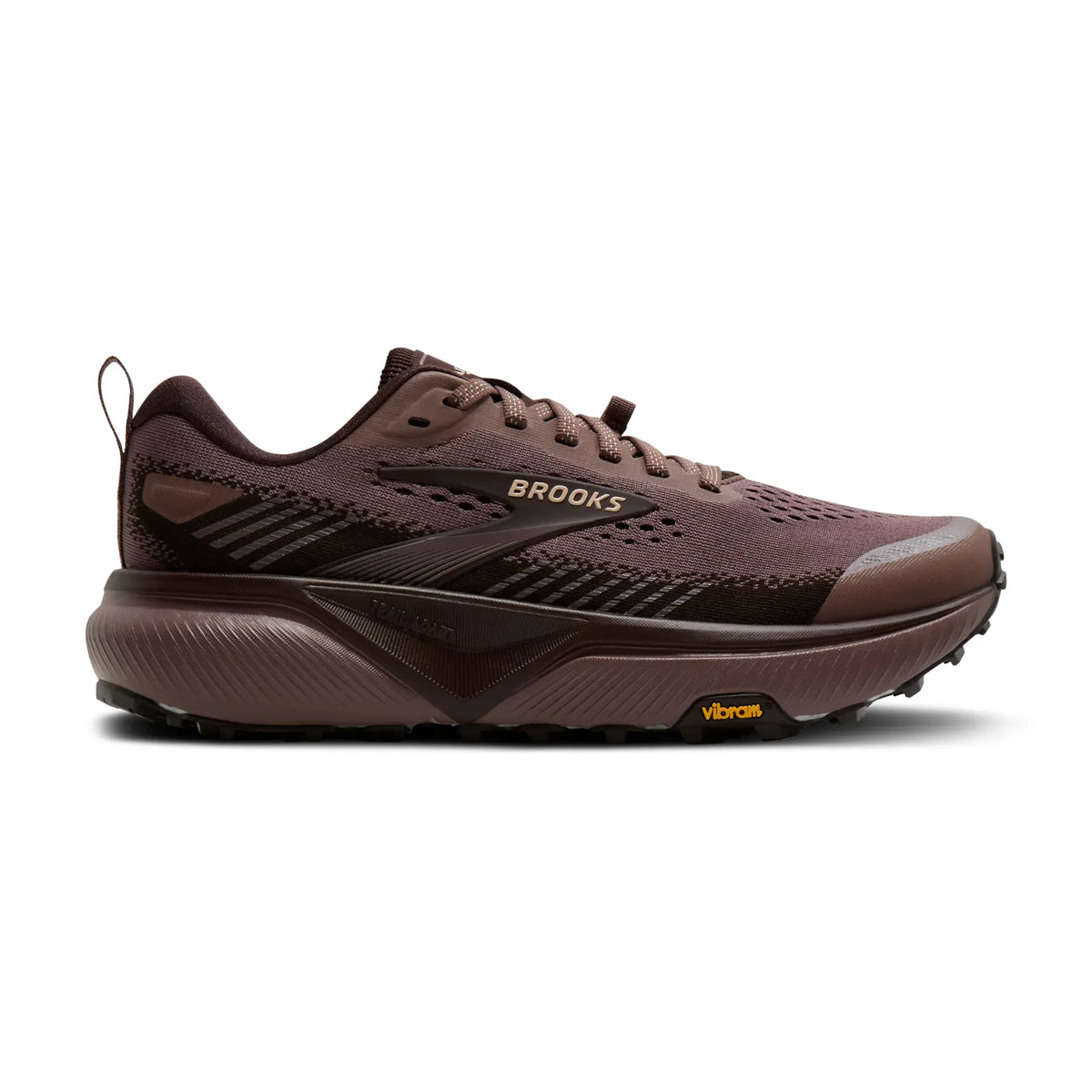 Side view on white background of Womens Brooks Cascadia 20 running shoe in Peppercorn/Coffee/Rose, Medium (Regular) width