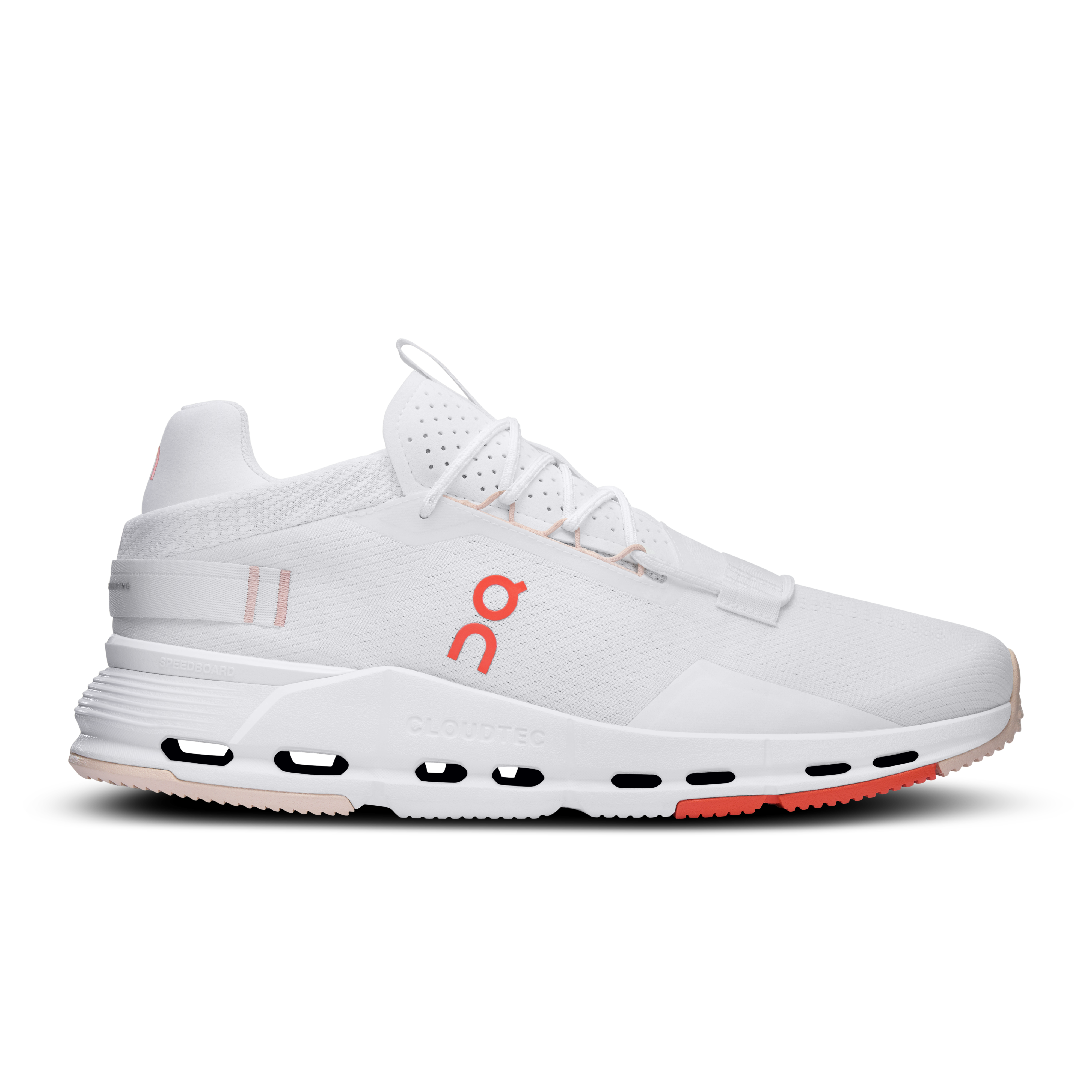 Side view on white background of Mens On Cloudnova 2 running shoe in White/Flame, Medium (Regular) width
