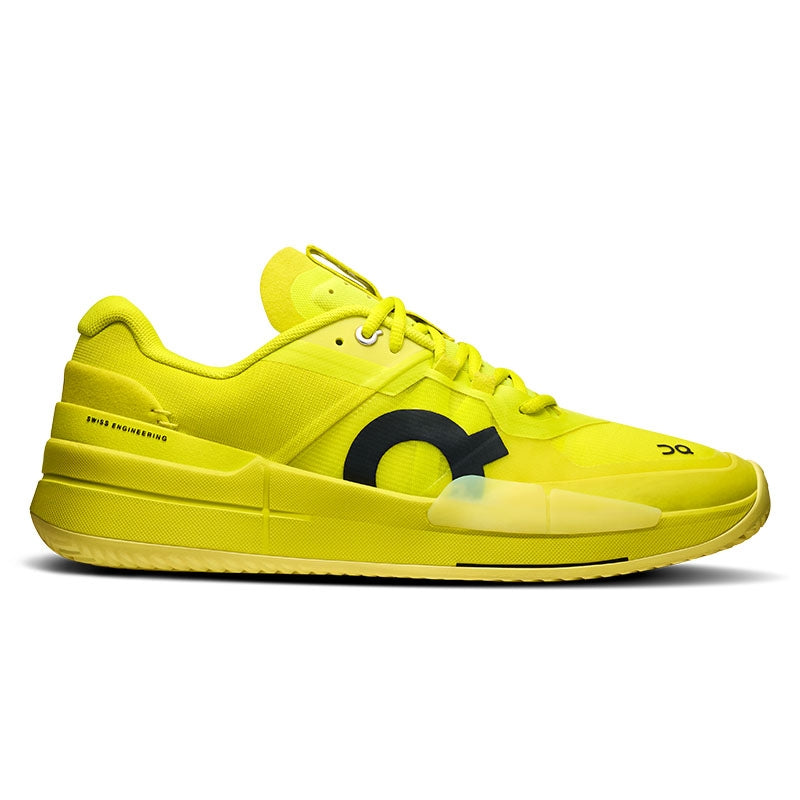 Side view on white background of Womens On The Roger Pro 2 Clay running shoe in Lime/Limelight, Medium (Regular) width