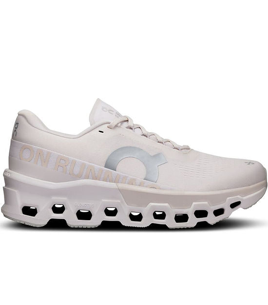 Side view on white background of Mens On Cloudmonster 2 running shoe in Sand/Frost, Medium (Regular) width