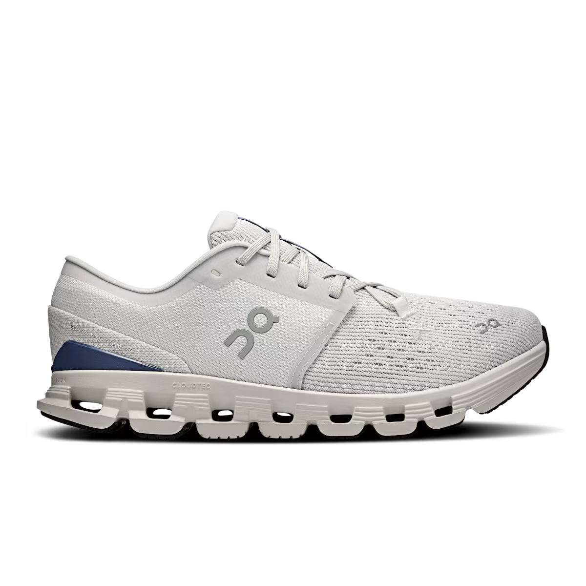 Side view on white background of Womens On Cloud X 4 running shoe in Lavender/Acai, Medium (Regular) width