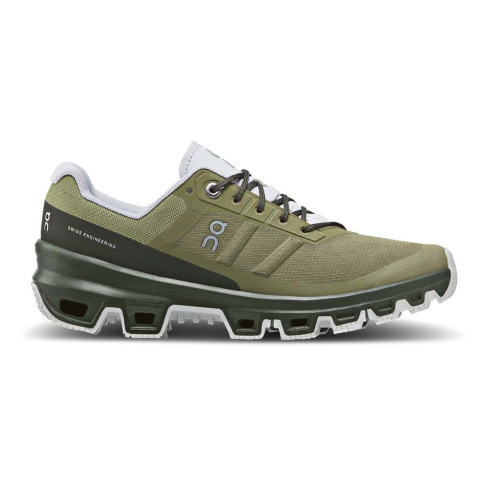 Side view on white background of Mens On Cloudventure 3 running shoe in Olive/Fir, Medium (Regular) width