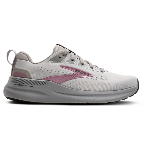 Side view on white background of Womens Brooks Ariel GTS 26 running shoe in Oyster Mushroom/Alloy/Pink, Extra Wide width