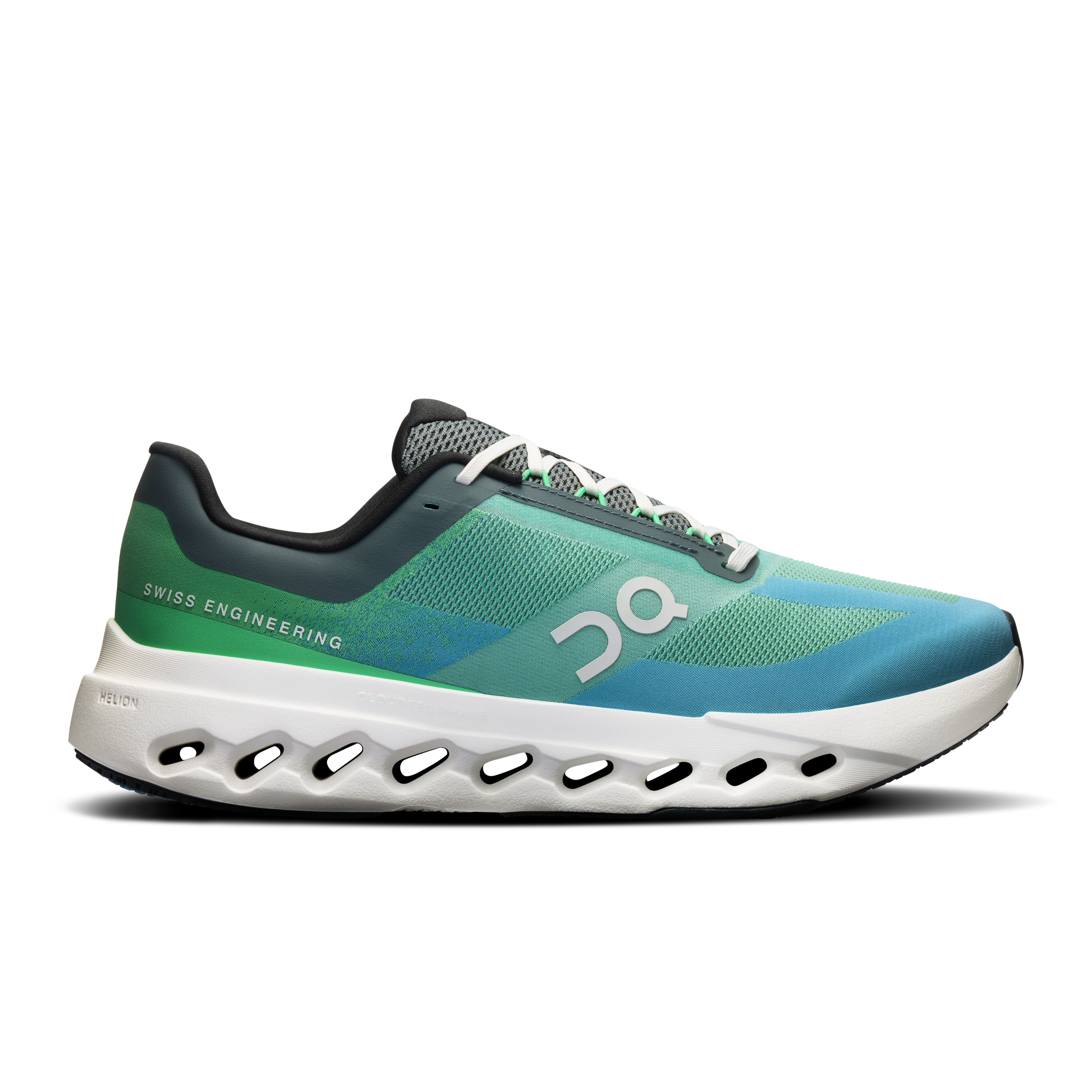 Side view on white background of Mens On Cloudsurfer Next running shoe in Honeydew/Ivory, Wide width