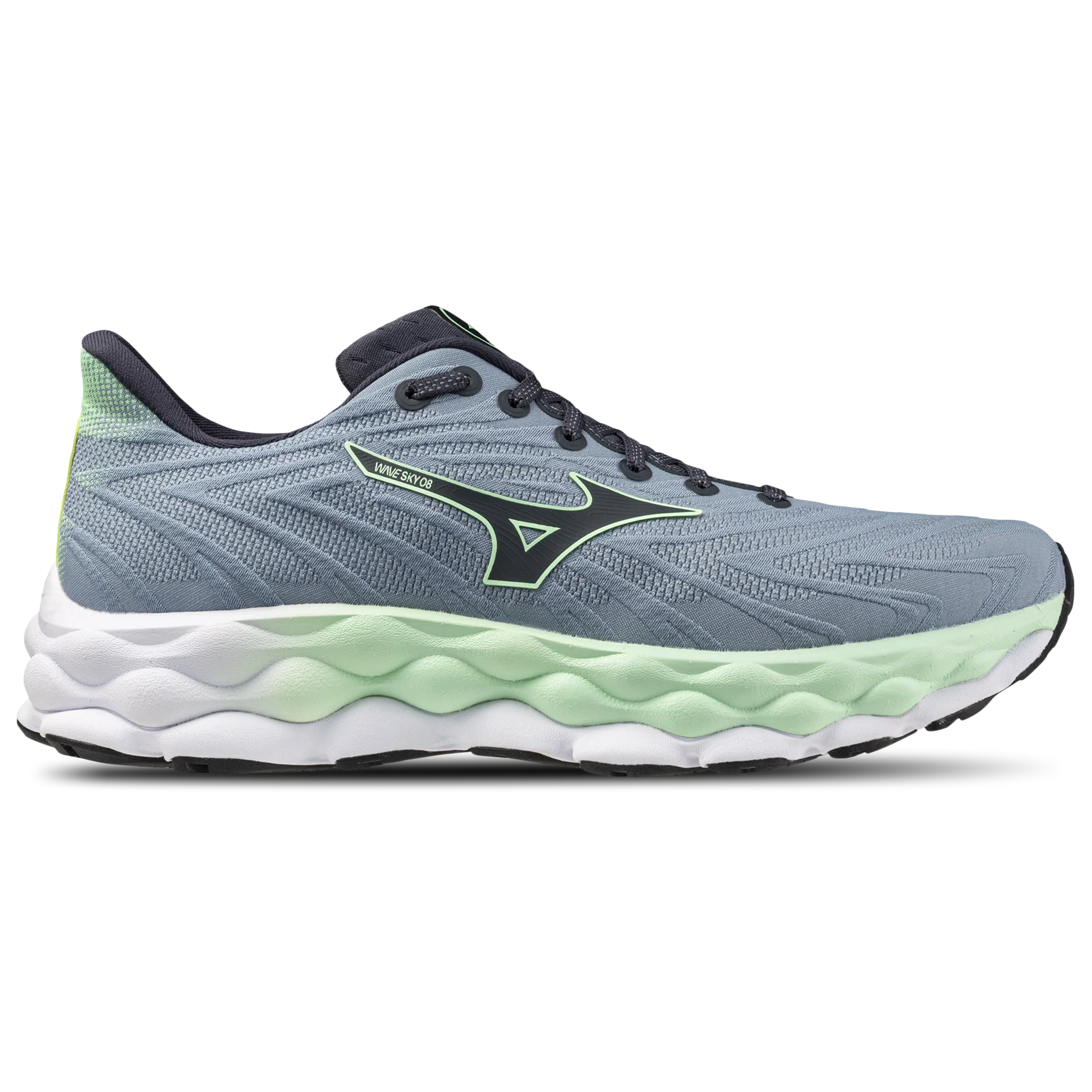 Side view on white background of Mens Mizuno Wave Sky 8 running shoe in Citadel/Vintage Indigo, Medium (Regular) width
