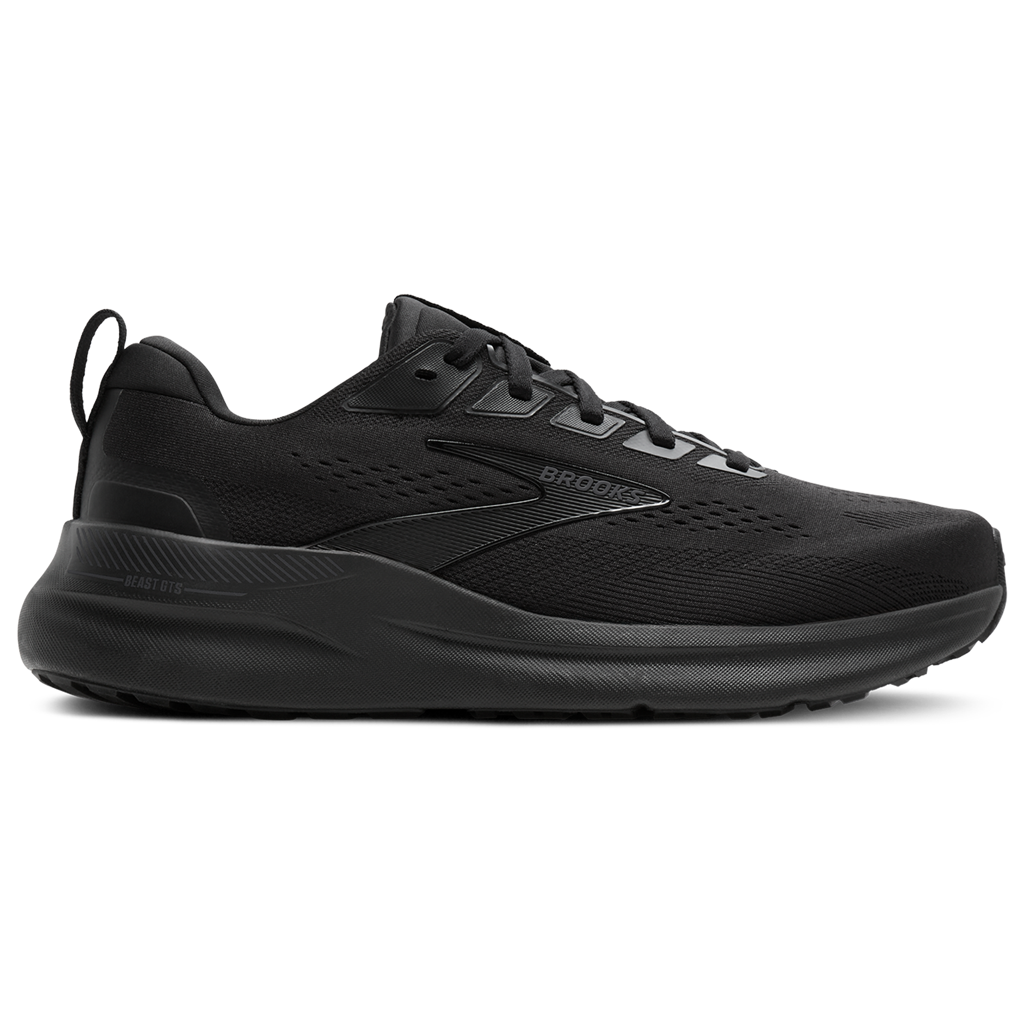 Side view on white background of Mens Brooks Beast GTS 26 running shoe in Black/Black/Grey, Extra Wide width