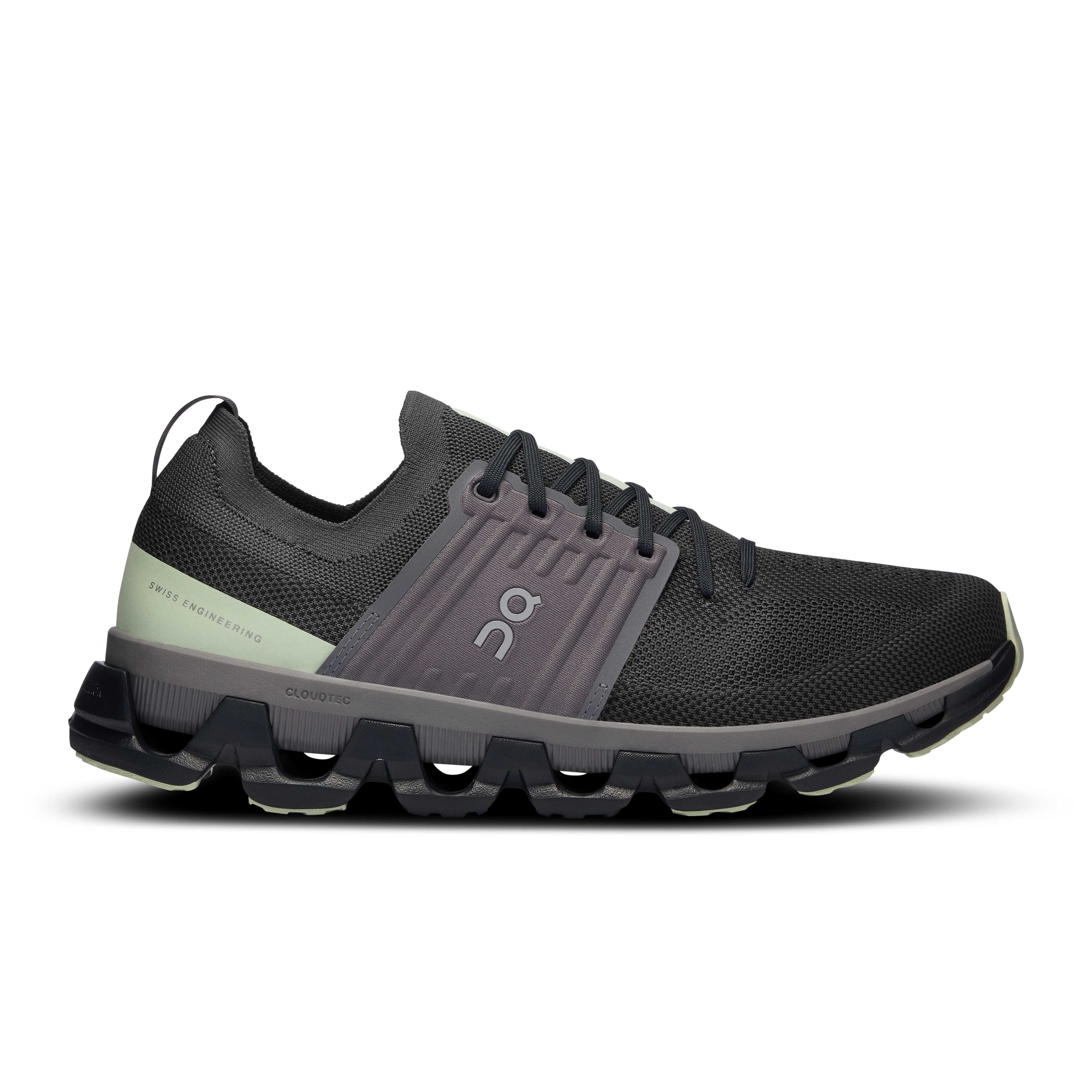 Side view on white background of Mens On Cloudswift 3 running shoe in Eclipse/Lima, Medium (Regular) width