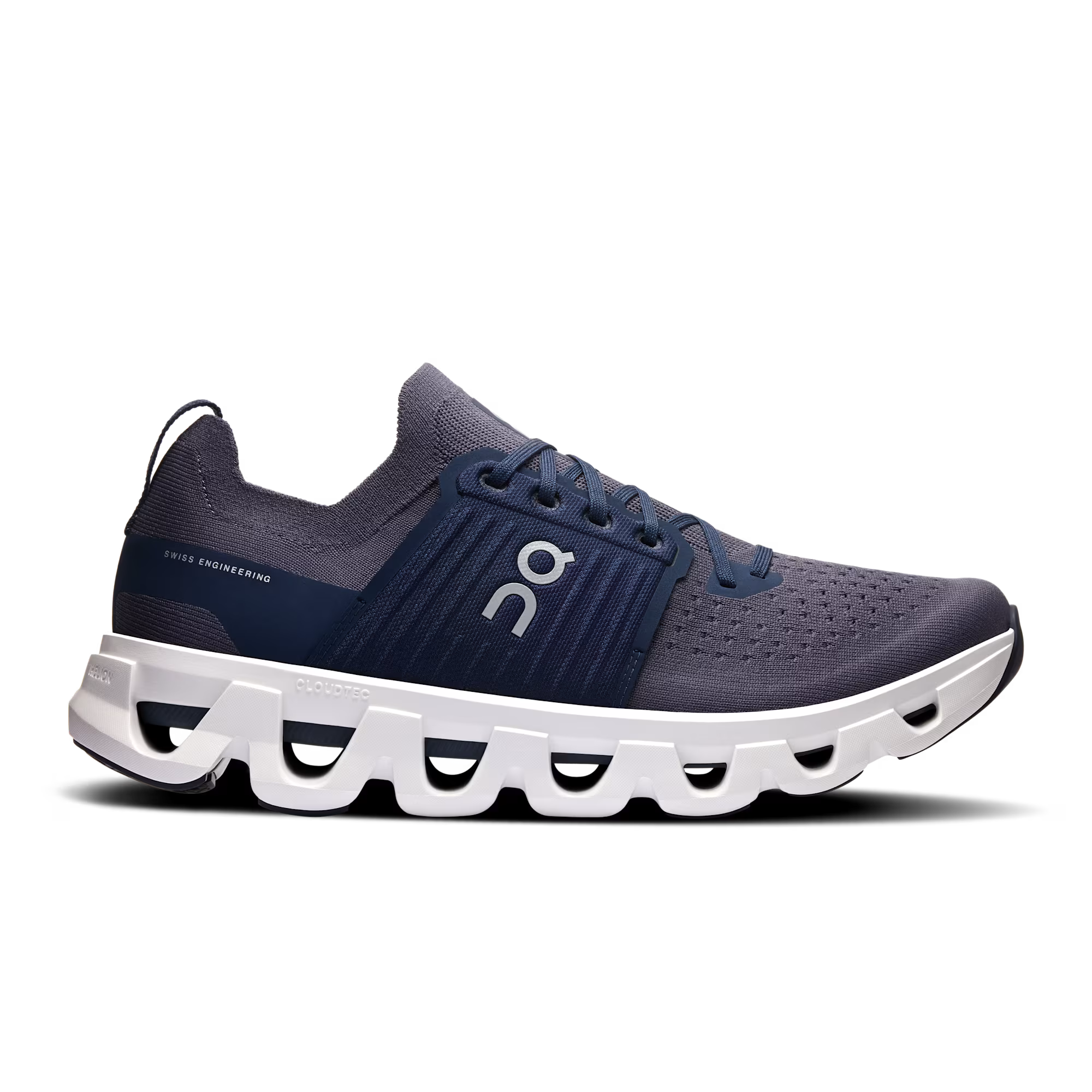 Side view on white background of Mens On Cloudswift 4 running shoe in Navy/Ink, Medium (Regular) width