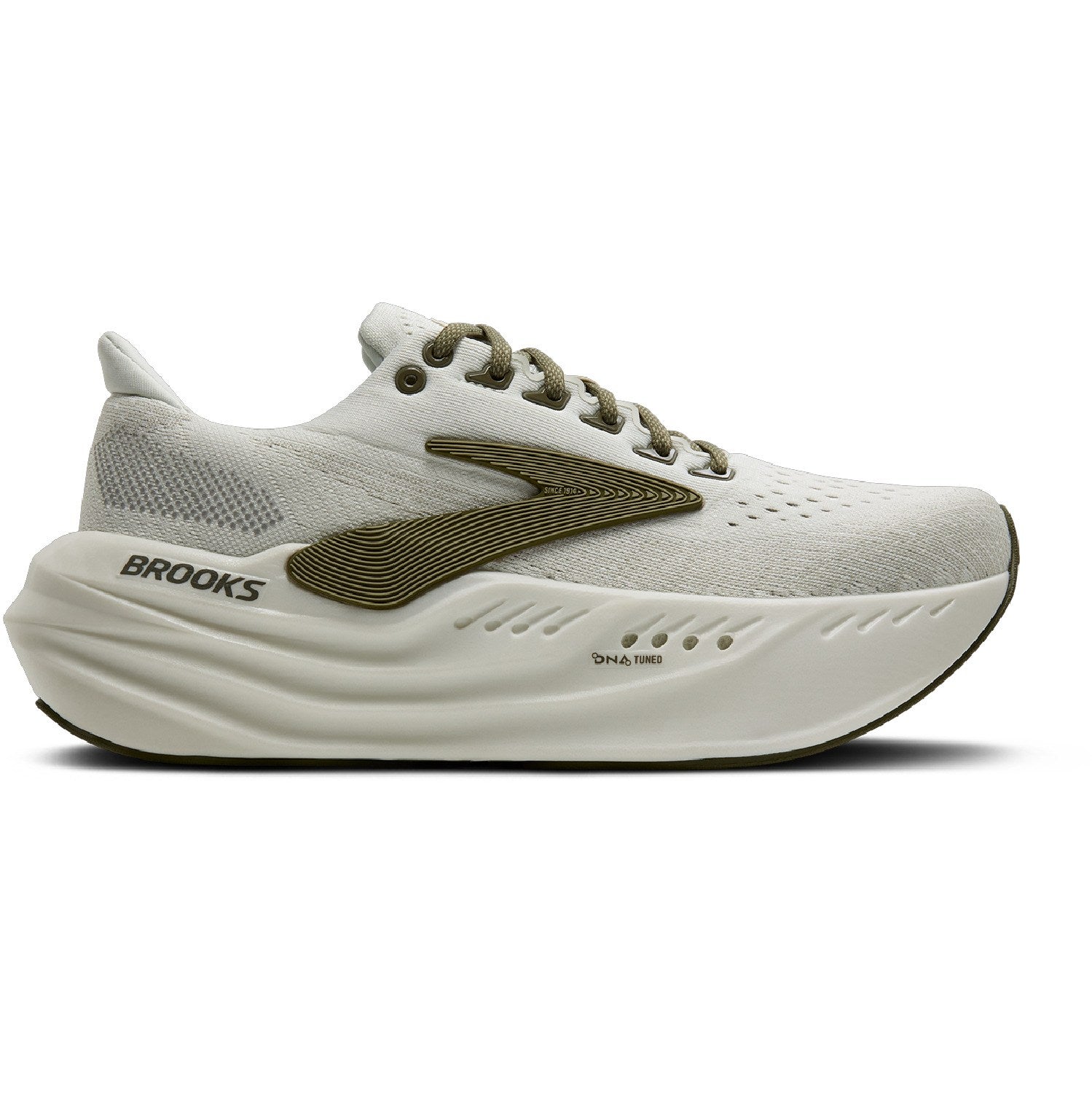 Side view on white background of Mens Brooks Glycerin Max running shoe in Grey/Dusty Olive/Tea, Medium (Regular) width