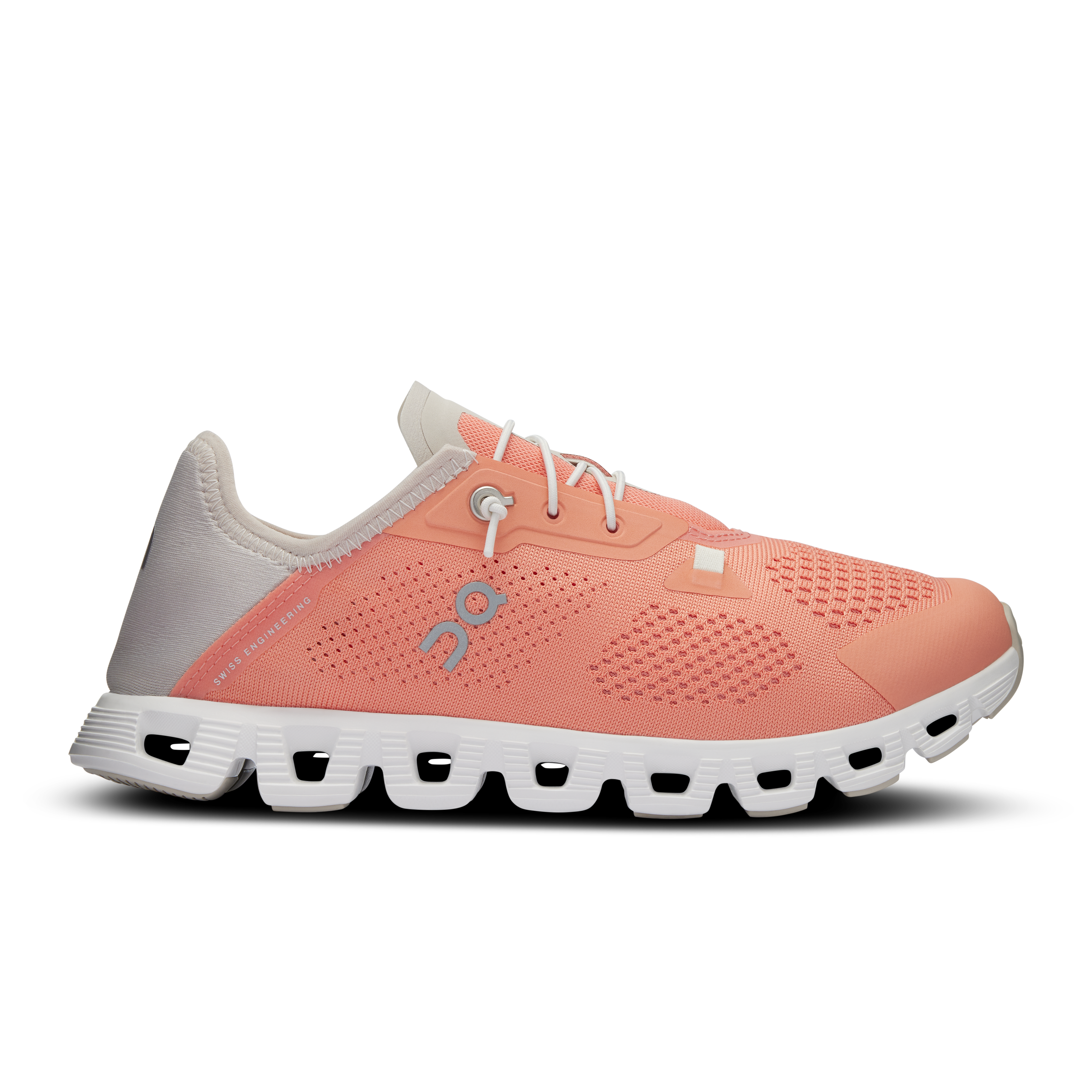 Side view on white background of Womens On Cloud 5 Coast running shoe in Flamingo/Pearl, Medium (Regular) width