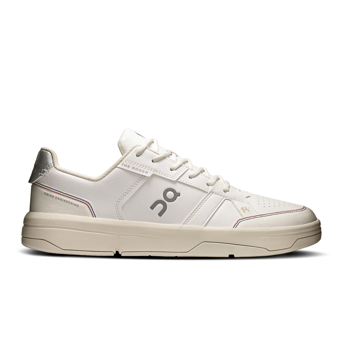 Side view on white background of Mens On The Roger Clubhouse Lc running shoe in White/Ivory, Medium (Regular) width